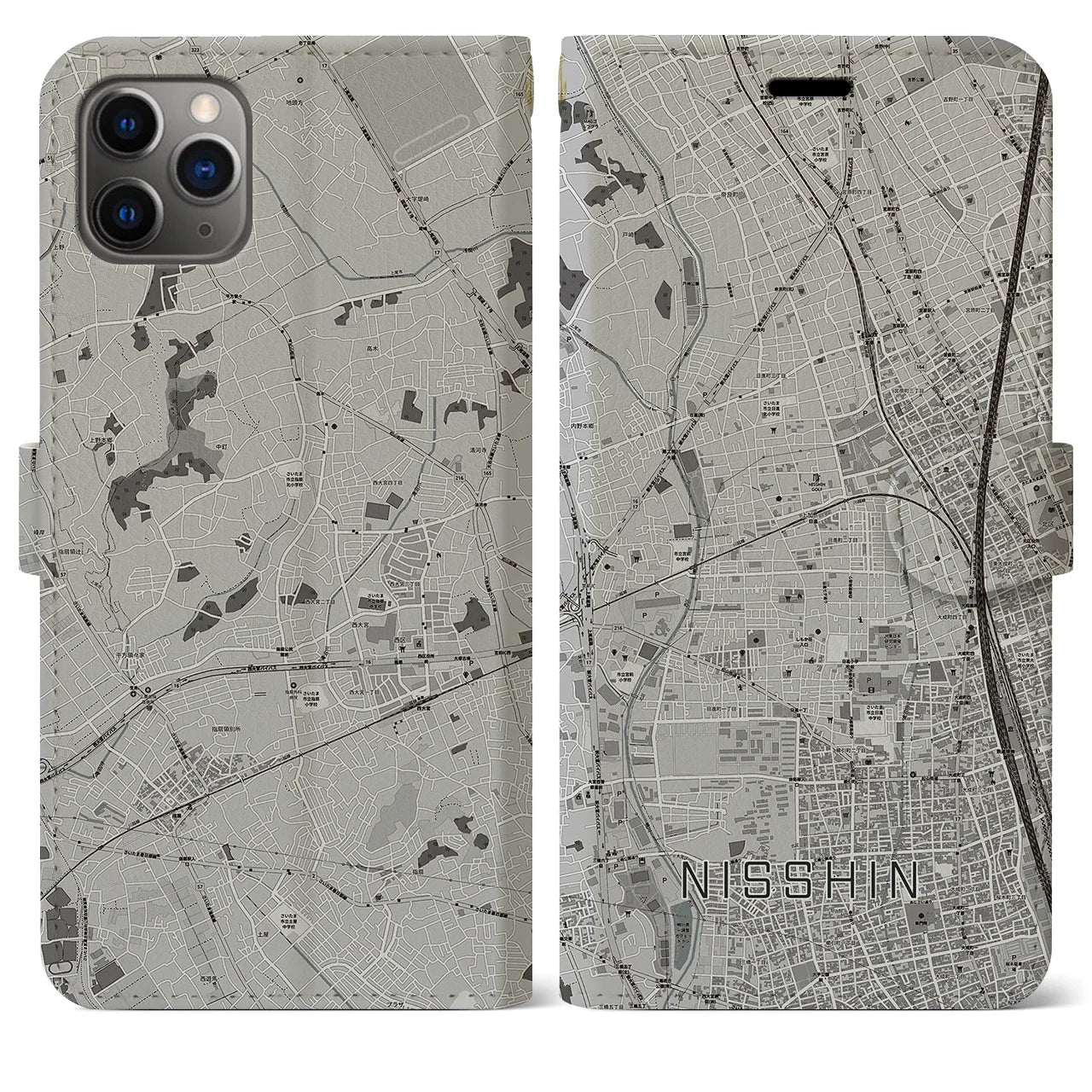 【日進(埼玉県)】地図柄iPhoneケース(手帳タイプ)モノトーン・iPhone 11 Pro Max 用
