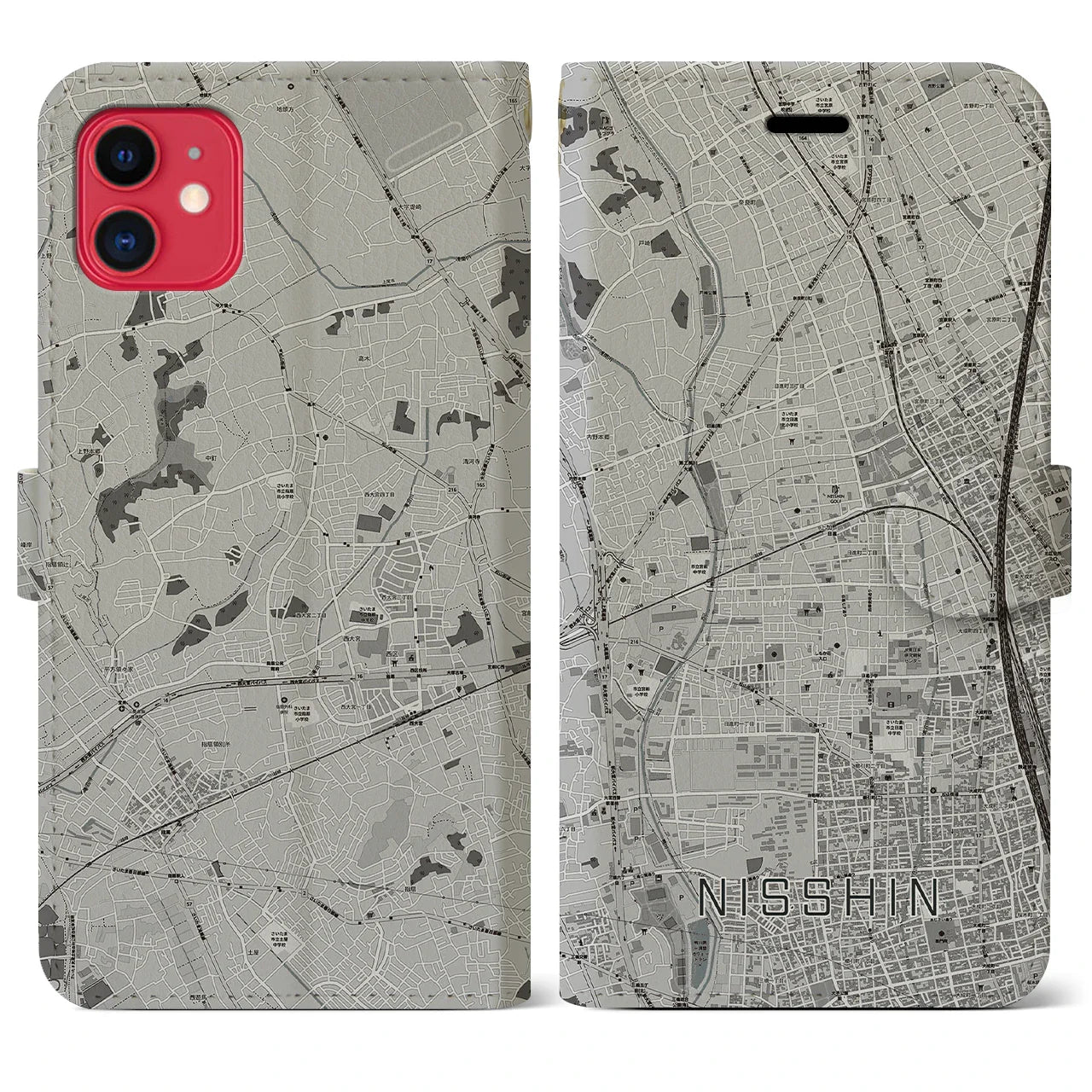 【日進(埼玉県)】地図柄iPhoneケース(手帳タイプ)モノトーン・iPhone 11 用