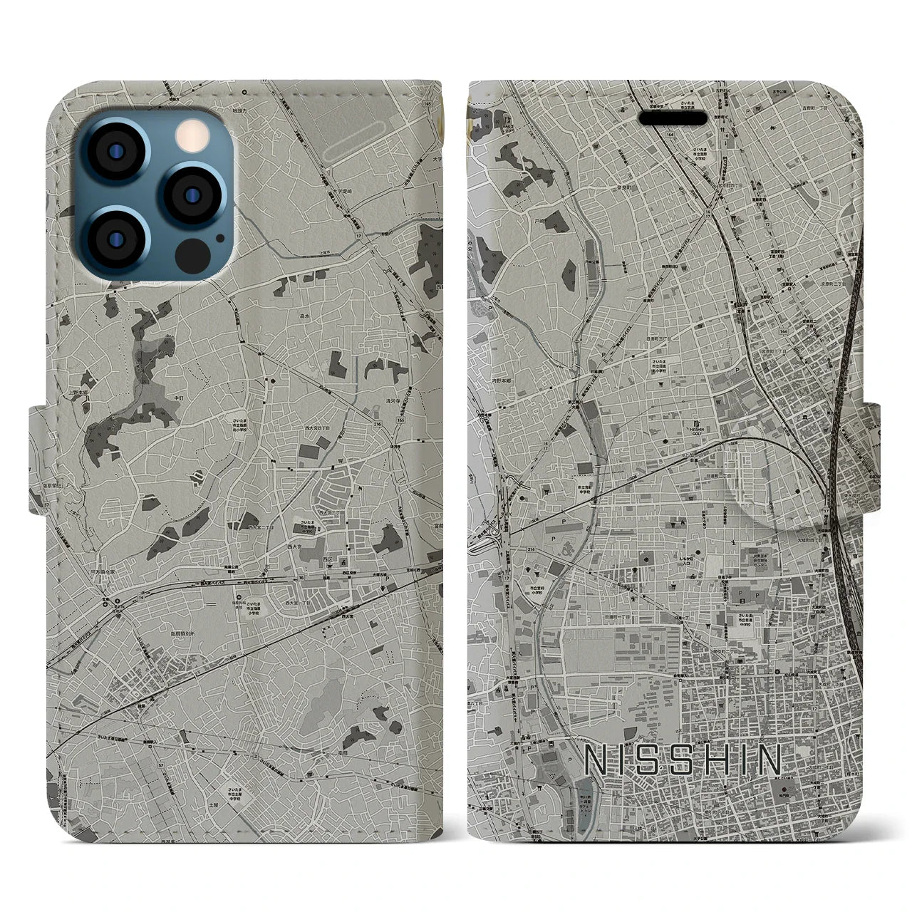 【日進(埼玉県)】地図柄iPhoneケース(手帳タイプ)モノトーン・iPhone 12 / 12 Pro 用
