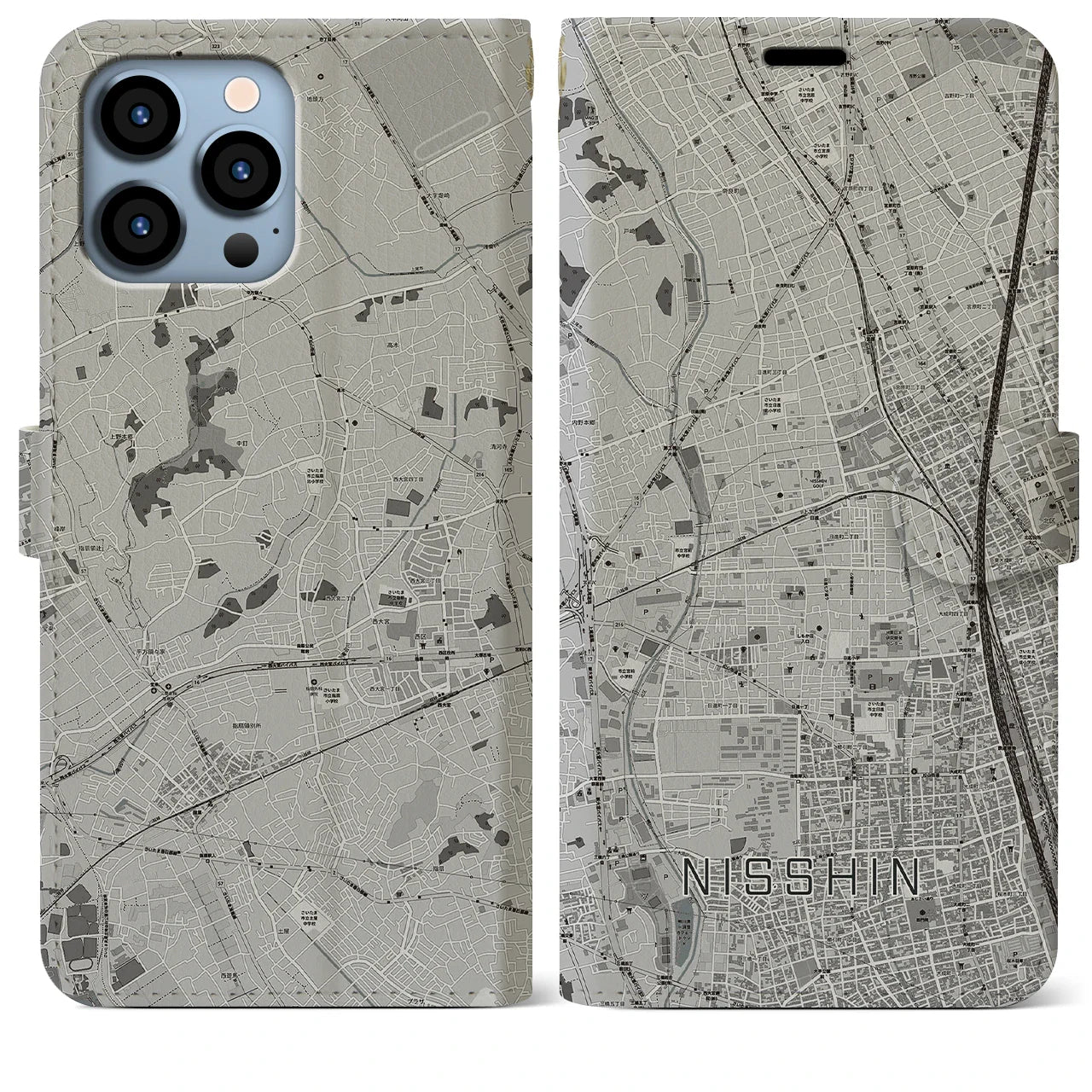 【日進(埼玉県)】地図柄iPhoneケース(手帳タイプ)モノトーン・iPhone 13 Pro Max 用