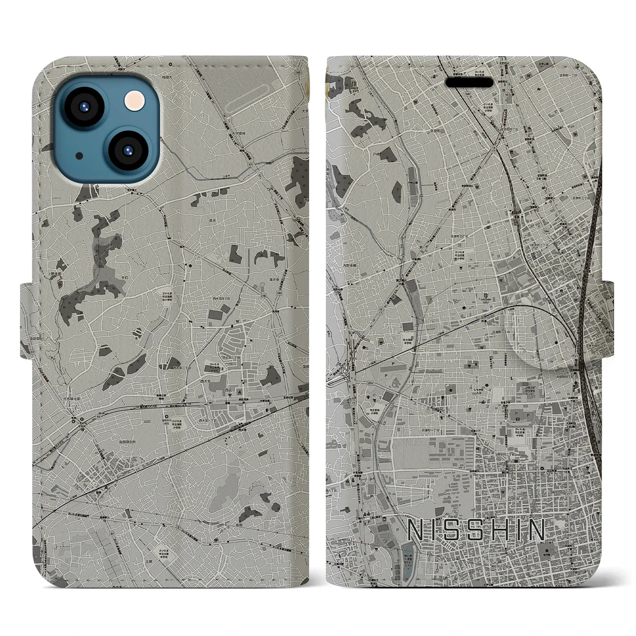 【日進(埼玉県)】地図柄iPhoneケース(手帳タイプ)モノトーン・iPhone 13 用