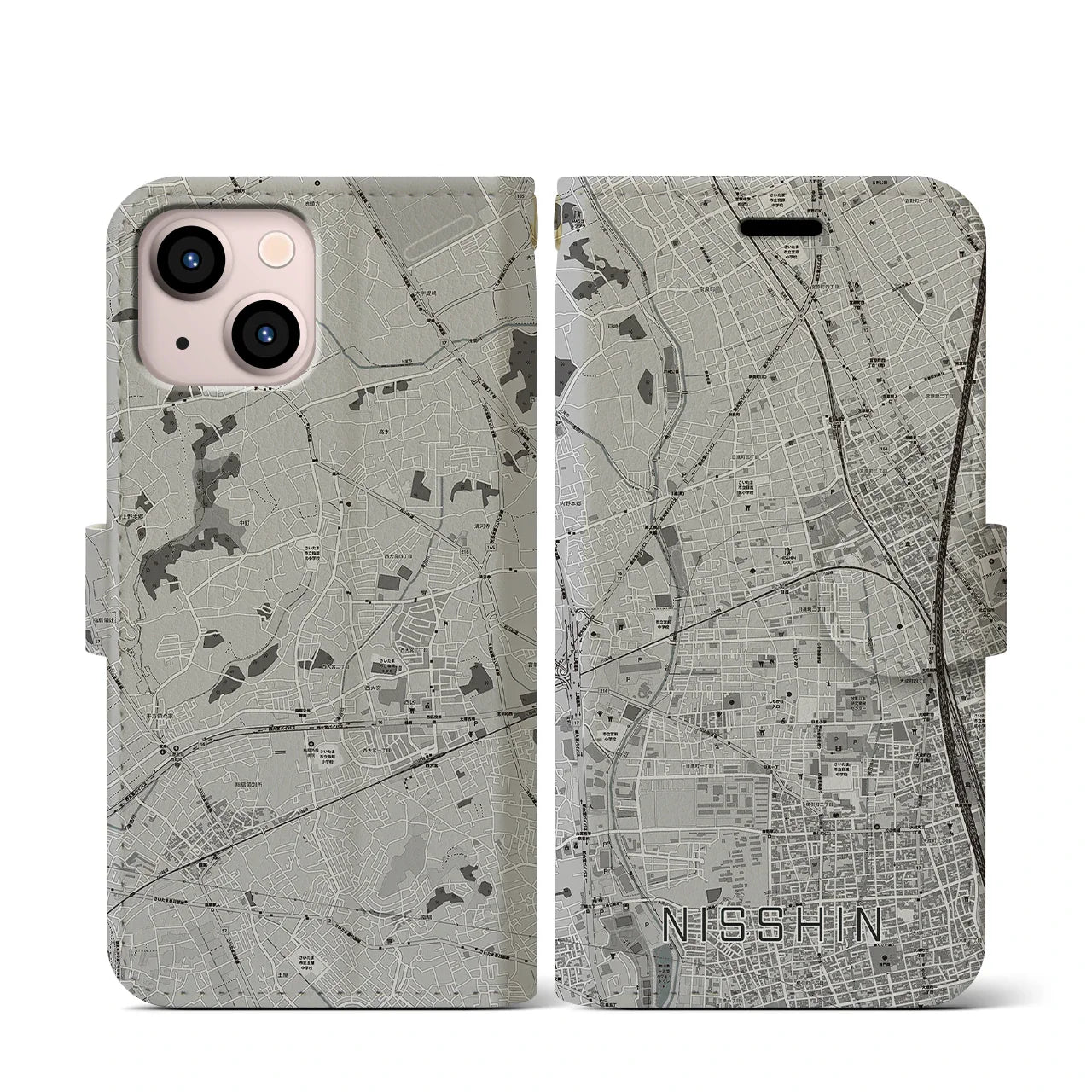 【日進(埼玉県)】地図柄iPhoneケース(手帳タイプ)モノトーン・iPhone 13 mini 用