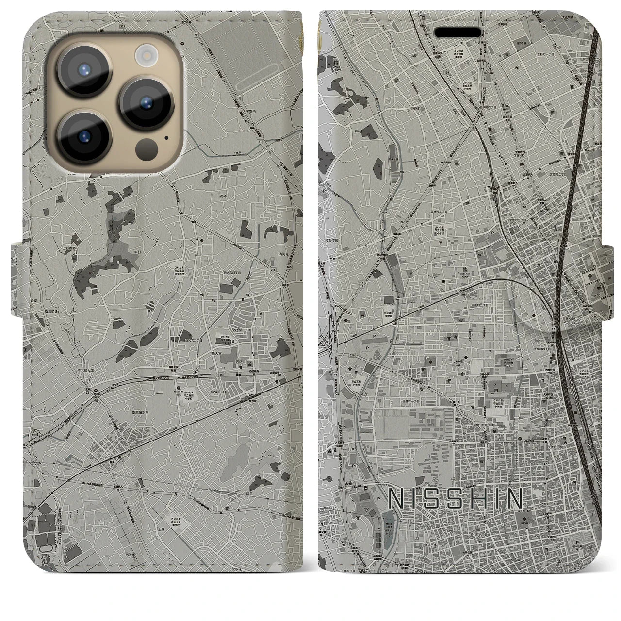 【日進(埼玉県)】地図柄iPhoneケース(手帳タイプ)モノトーン・iPhone 14 Pro Max 用