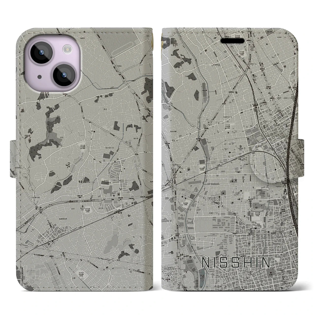 【日進(埼玉県)】地図柄iPhoneケース(手帳タイプ)モノトーン・iPhone 14 用
