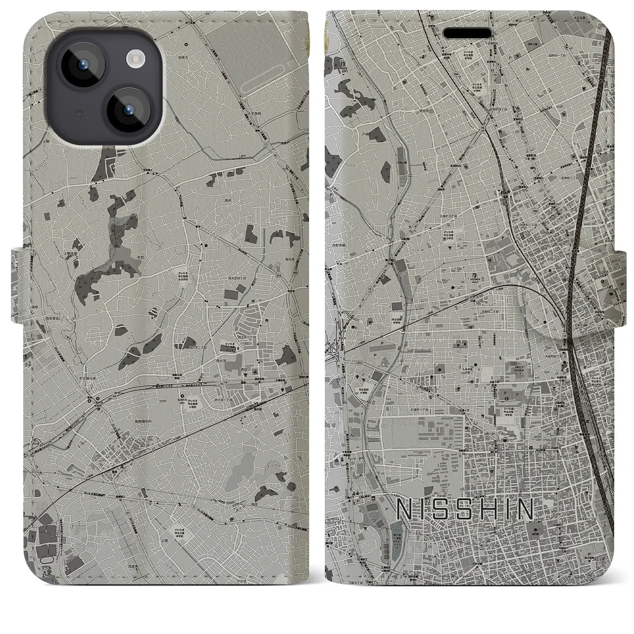 【日進(埼玉県)】地図柄iPhoneケース(手帳タイプ)モノトーン・iPhone 14 Plus 用