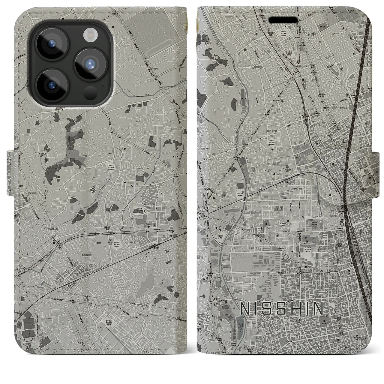 【日進(埼玉県)】地図柄iPhoneケース(手帳タイプ)モノトーン・iPhone 15 Pro Max 用