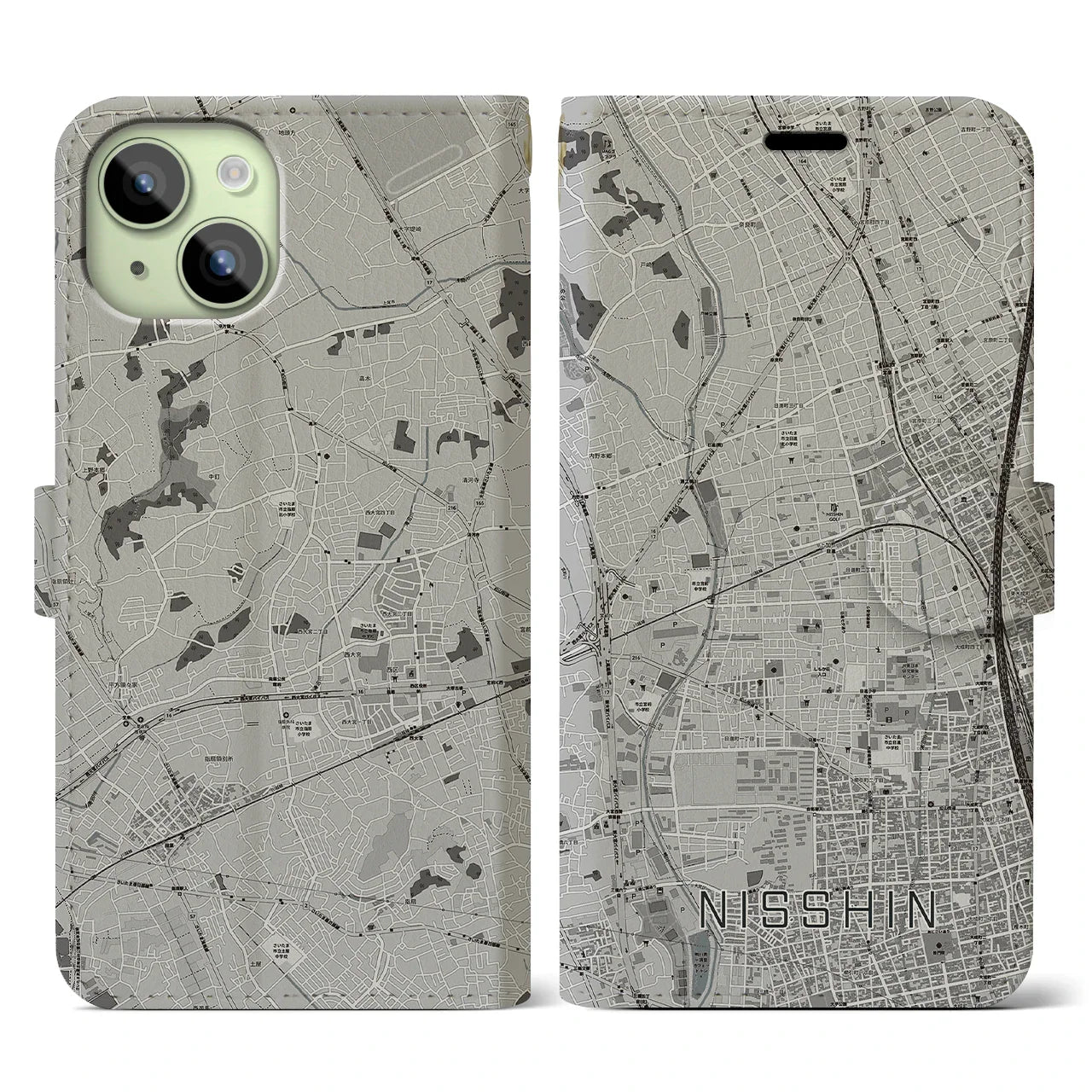 【日進(埼玉県)】地図柄iPhoneケース(手帳タイプ)モノトーン・iPhone 15 用