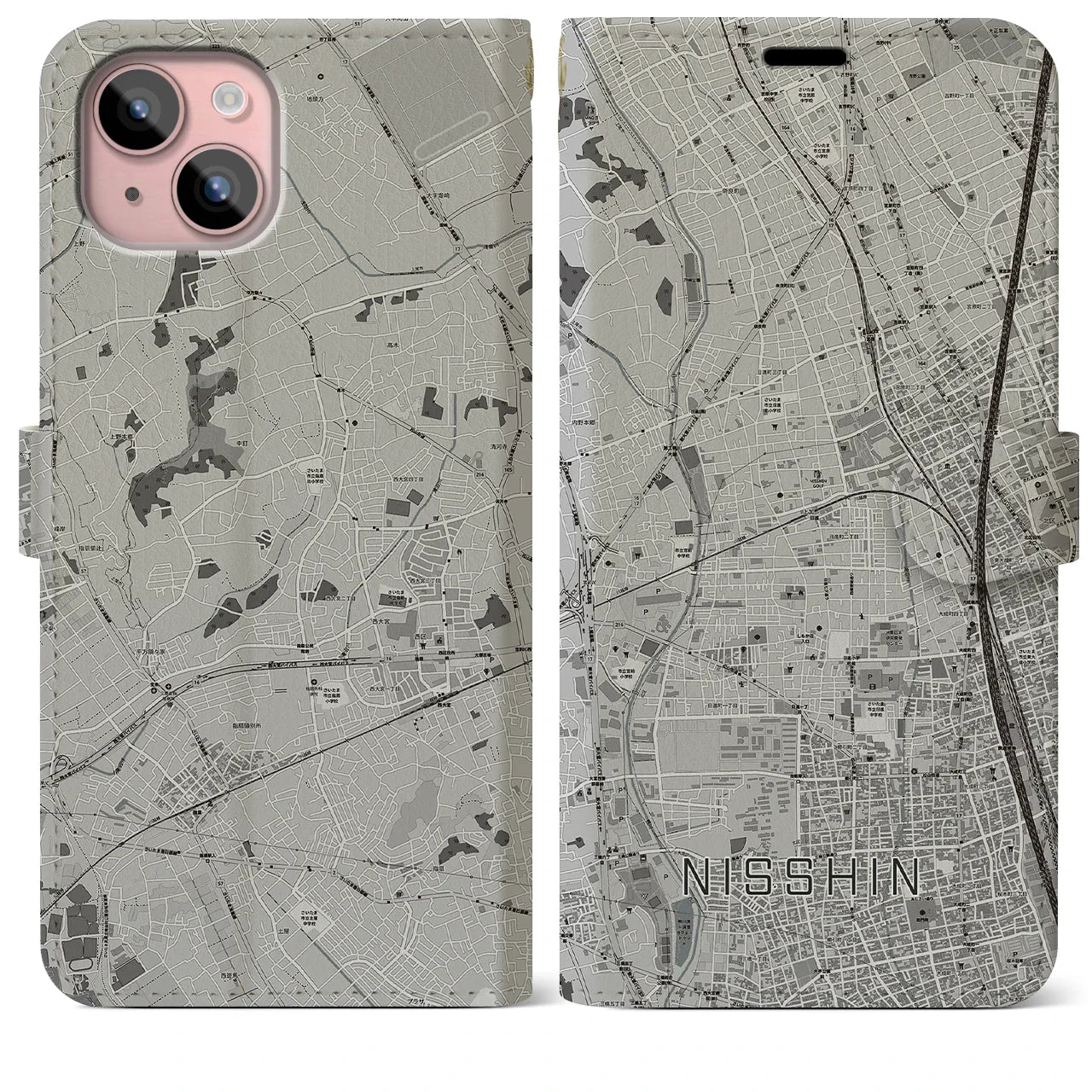 【日進(埼玉県)】地図柄iPhoneケース(手帳タイプ)モノトーン・iPhone 15 Plus 用