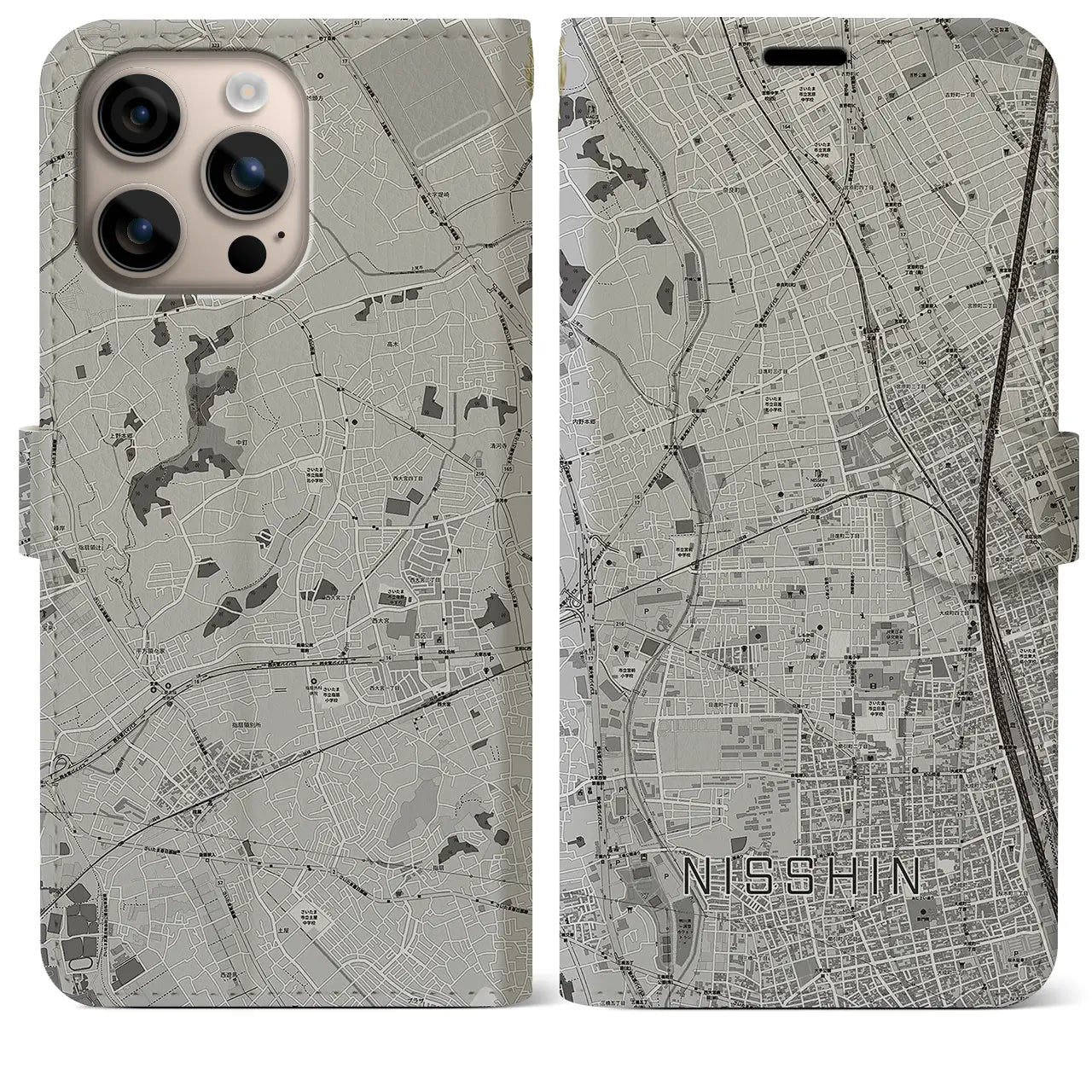 【日進(埼玉県)】地図柄iPhoneケース(手帳タイプ)モノトーン・iPhone 16 Plus 用