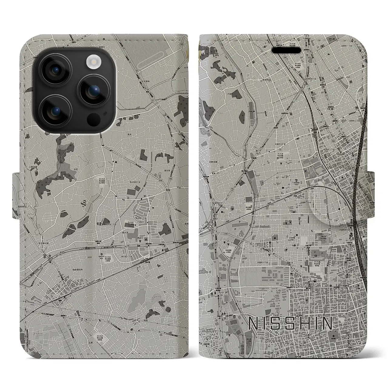 【日進(埼玉県)】地図柄iPhoneケース(手帳タイプ)モノトーン・iPhone 16 用