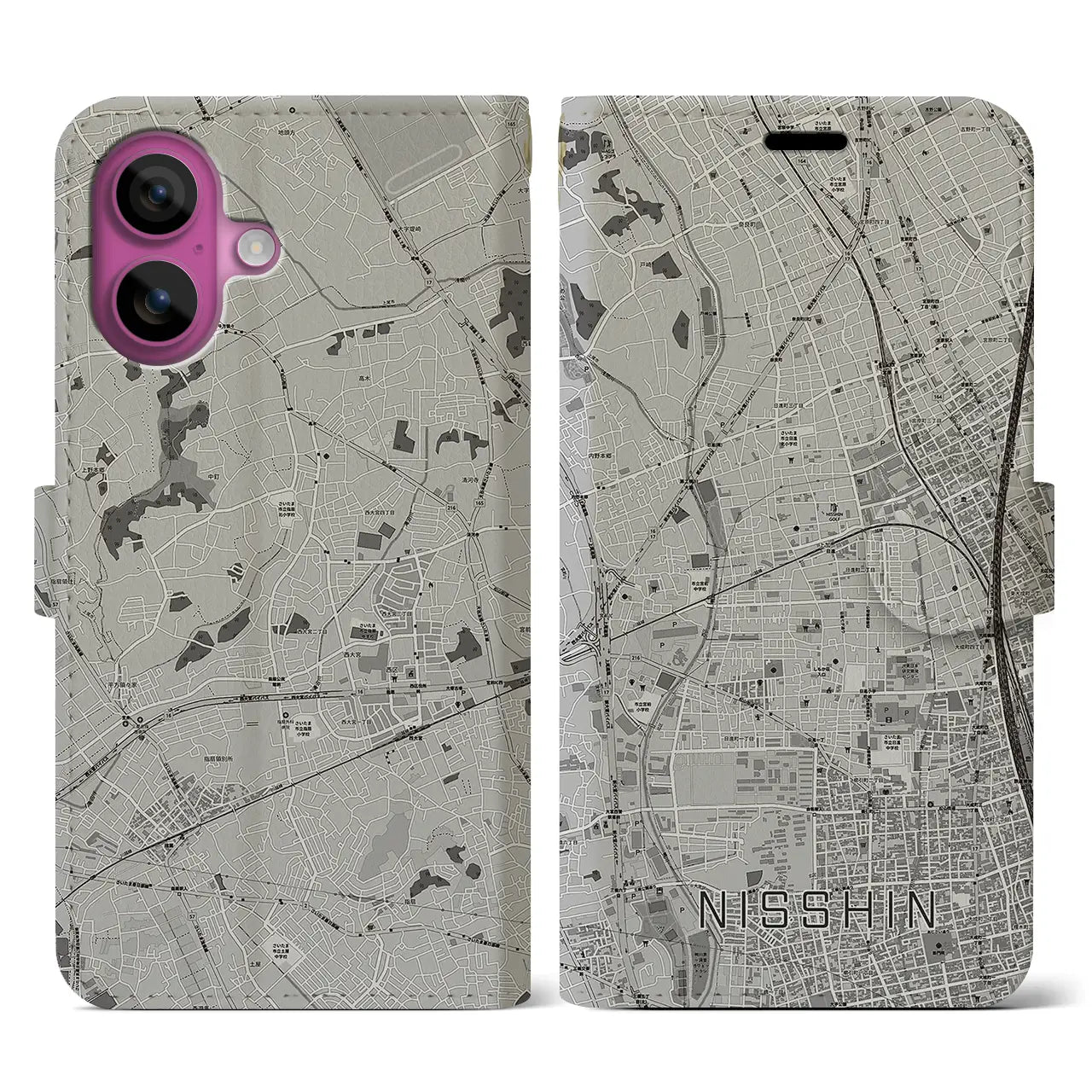 【日進(埼玉県)】地図柄iPhoneケース(手帳タイプ)モノトーン・iPhone 16 Pro 用