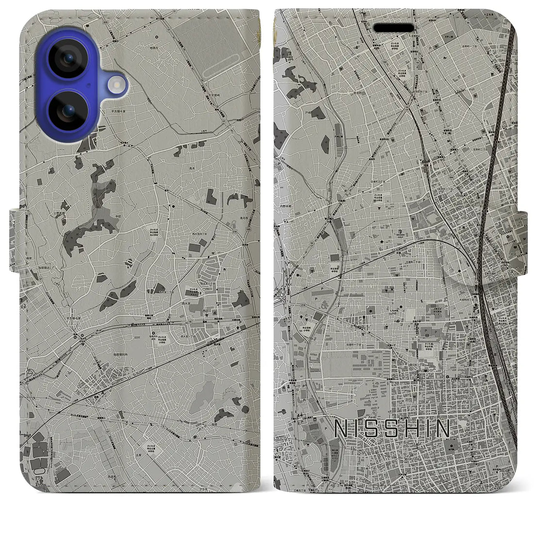 【日進(埼玉県)】地図柄iPhoneケース(手帳タイプ)モノトーン・iPhone 16 Pro Max 用