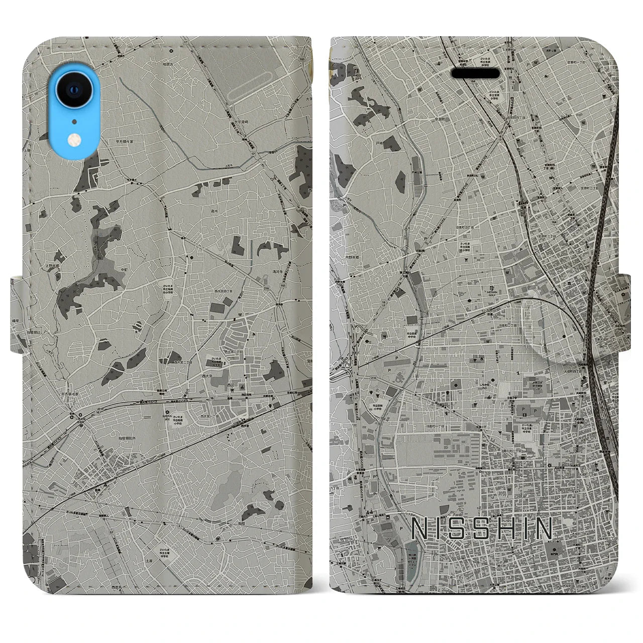【日進(埼玉県)】地図柄iPhoneケース(手帳タイプ)モノトーン・iPhone XR 用