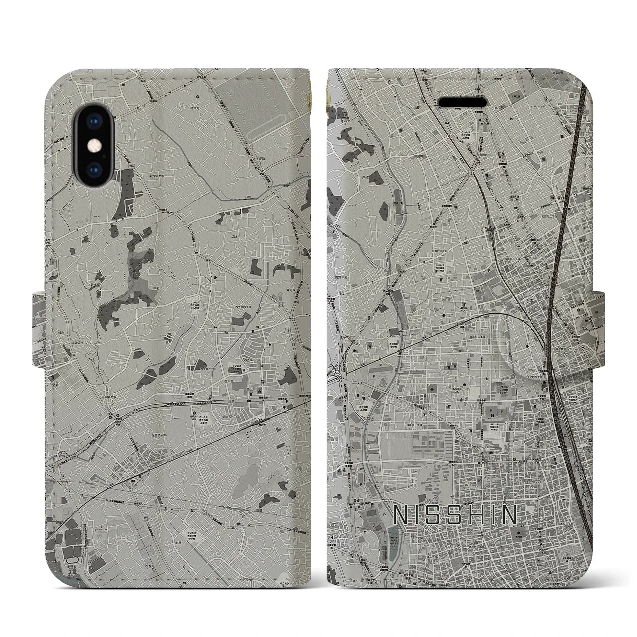 【日進(埼玉県)】地図柄iPhoneケース(手帳タイプ)モノトーン・iPhone XS / X 用