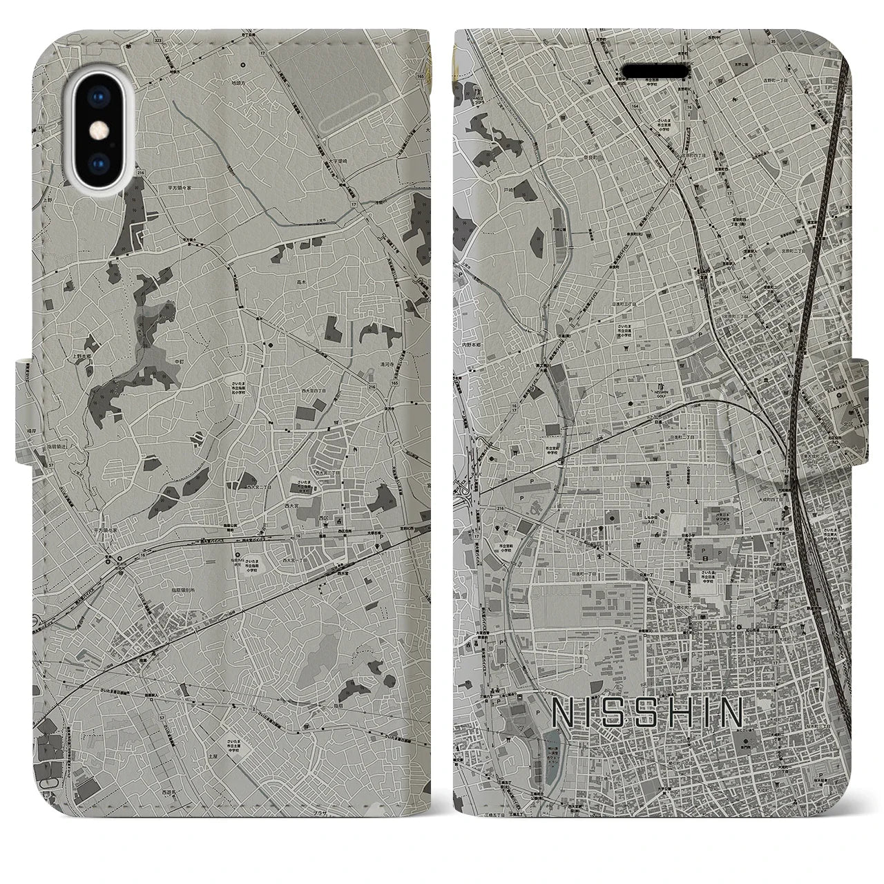 【日進(埼玉県)】地図柄iPhoneケース(手帳タイプ)モノトーン・iPhone XS Max 用