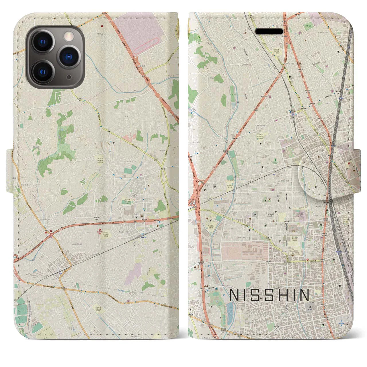 【日進(埼玉県)】地図柄iPhoneケース(手帳タイプ)ナチュラル・iPhone 11 Pro Max 用