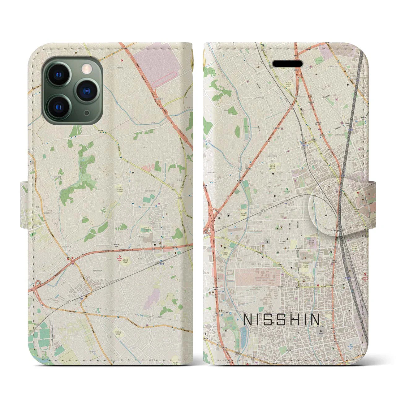 【日進(埼玉県)】地図柄iPhoneケース(手帳タイプ)ナチュラル・iPhone 11 Pro 用