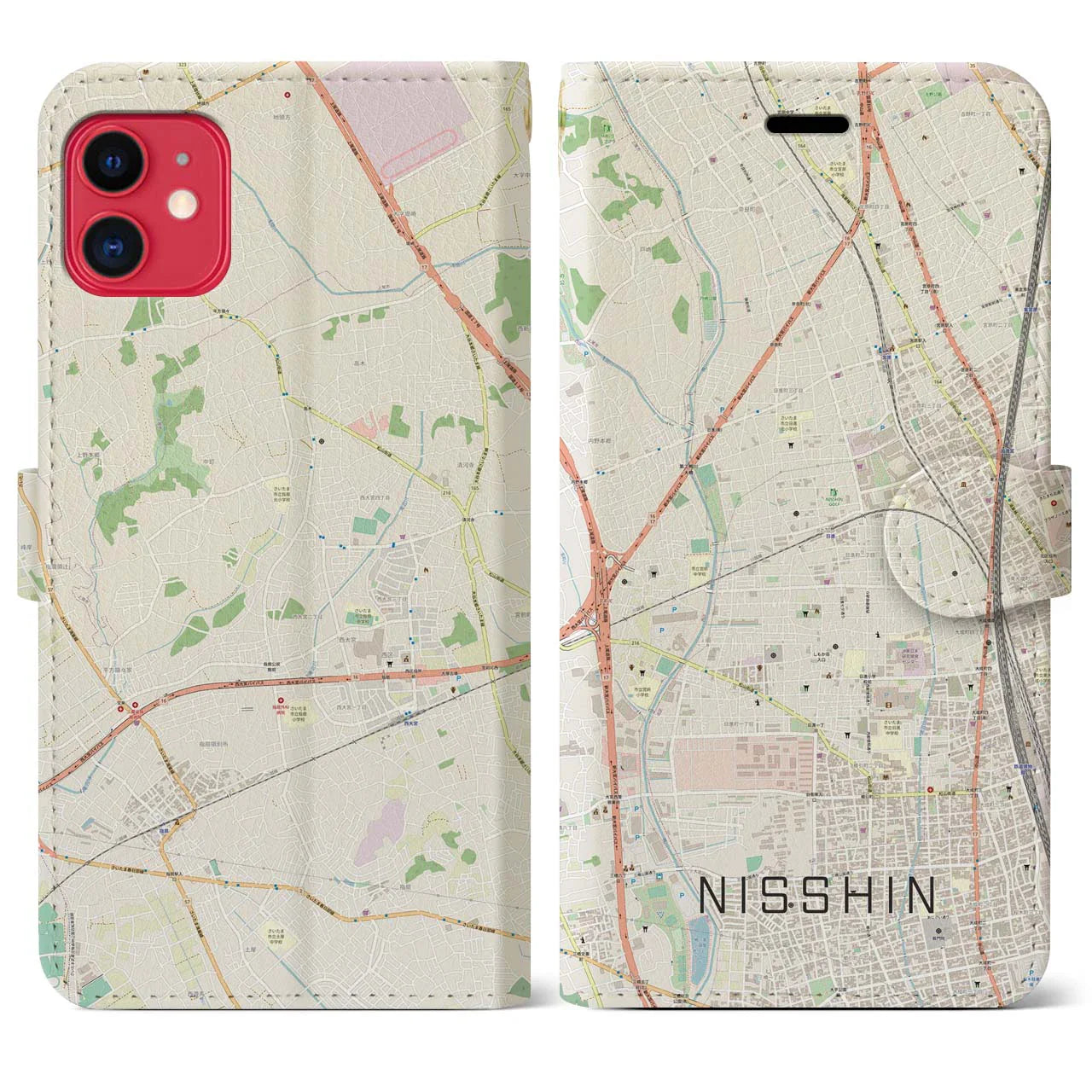 【日進(埼玉県)】地図柄iPhoneケース(手帳タイプ)ナチュラル・iPhone 11 用