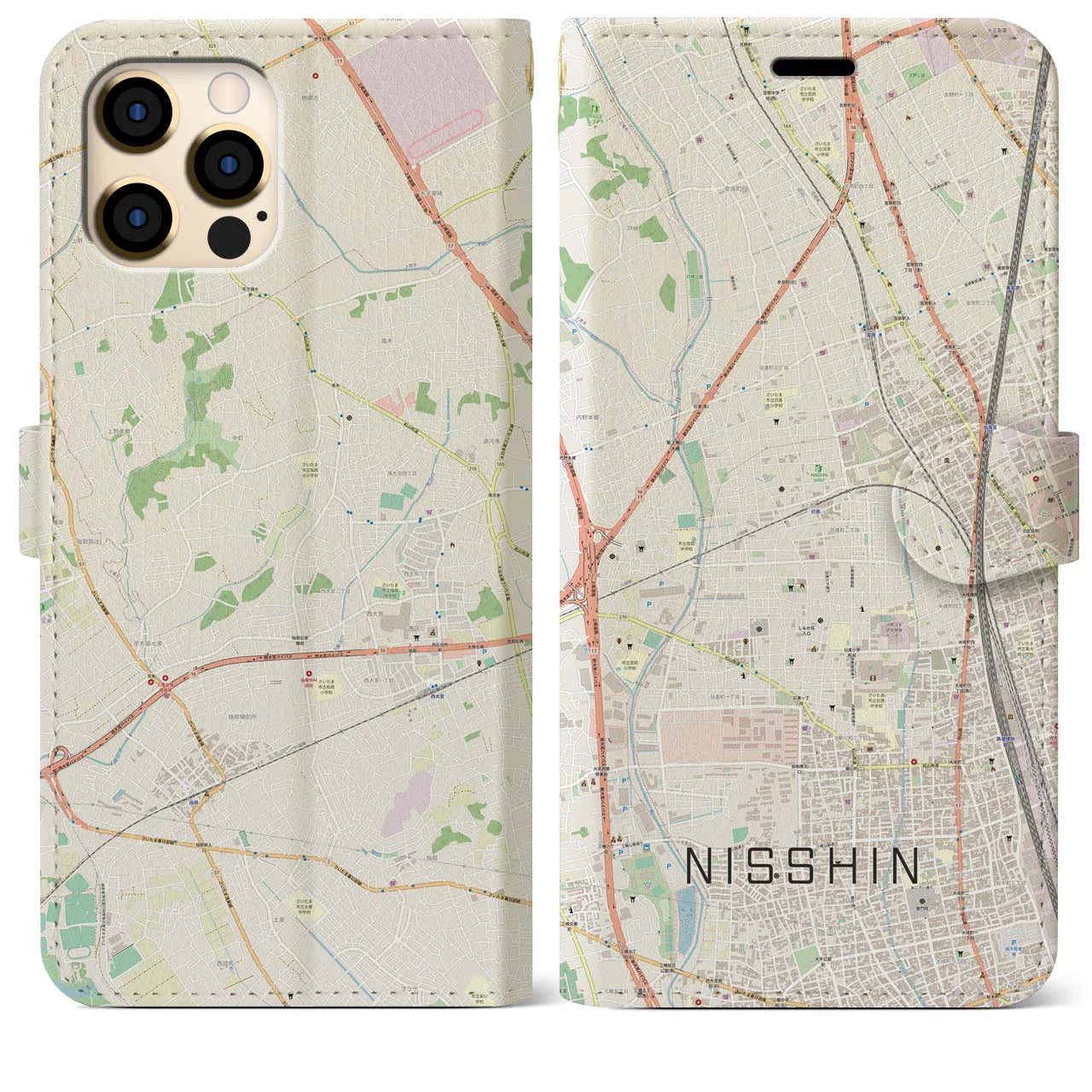 【日進(埼玉県)】地図柄iPhoneケース(手帳タイプ)ナチュラル・iPhone 12 Pro Max 用