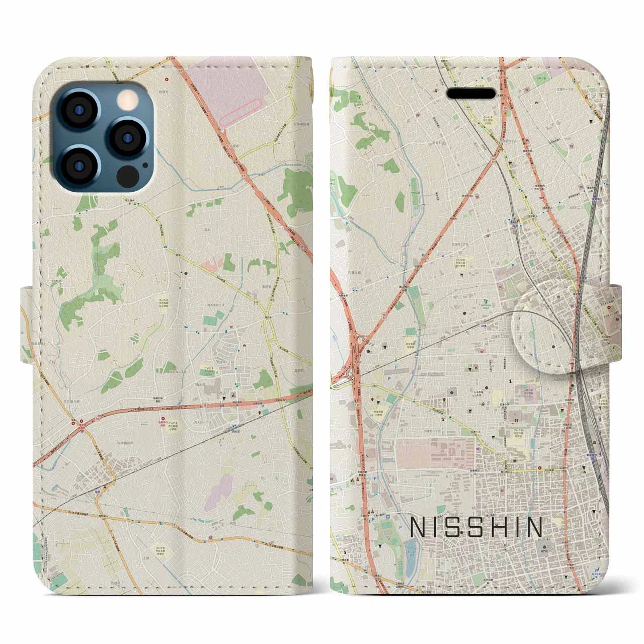 【日進(埼玉県)】地図柄iPhoneケース(手帳タイプ)ナチュラル・iPhone 12 / 12 Pro 用