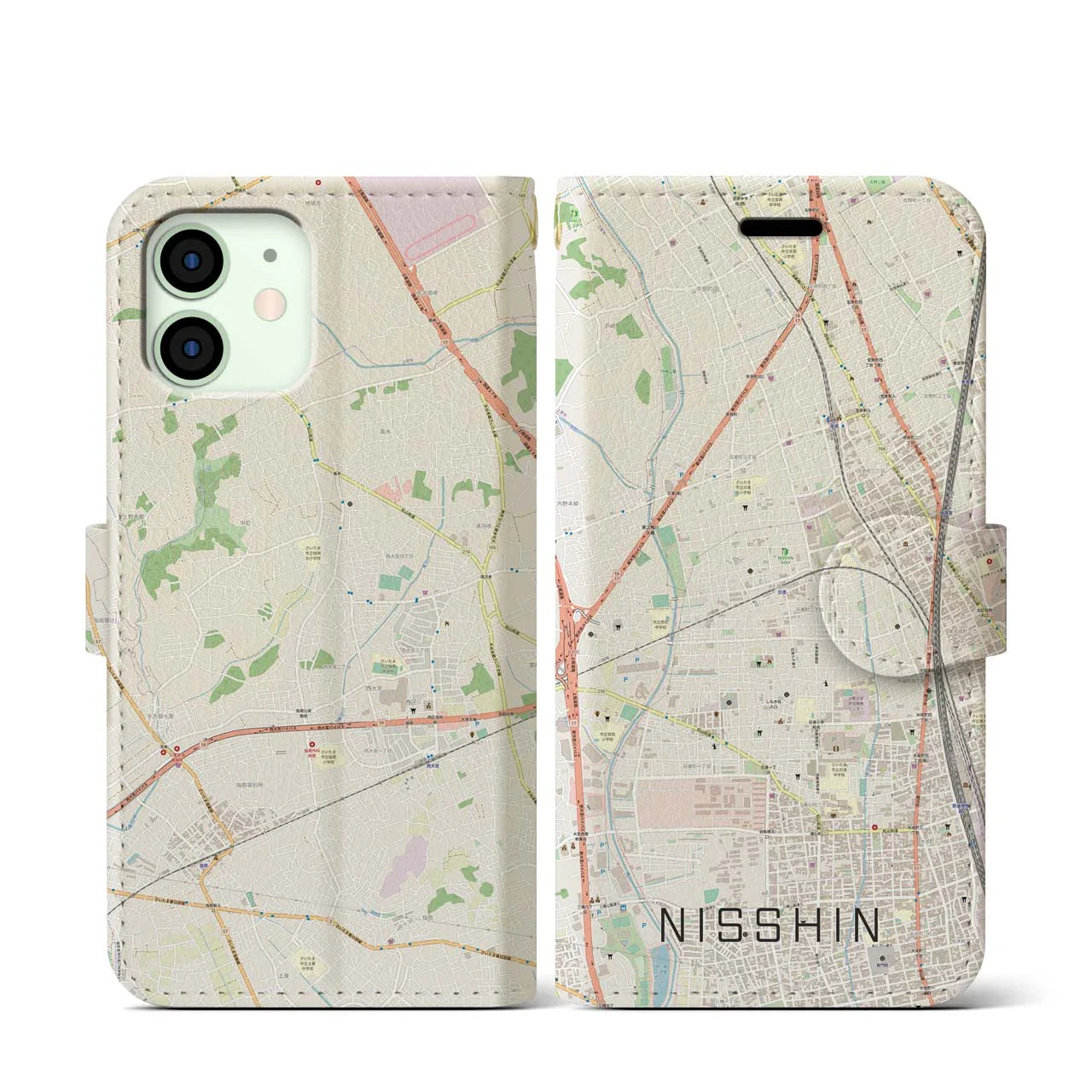 【日進(埼玉県)】地図柄iPhoneケース(手帳タイプ)ナチュラル・iPhone 12 mini 用