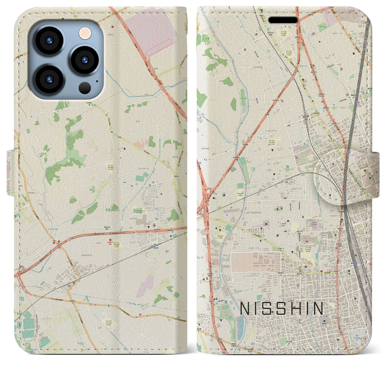 【日進(埼玉県)】地図柄iPhoneケース(手帳タイプ)ナチュラル・iPhone 13 Pro Max 用