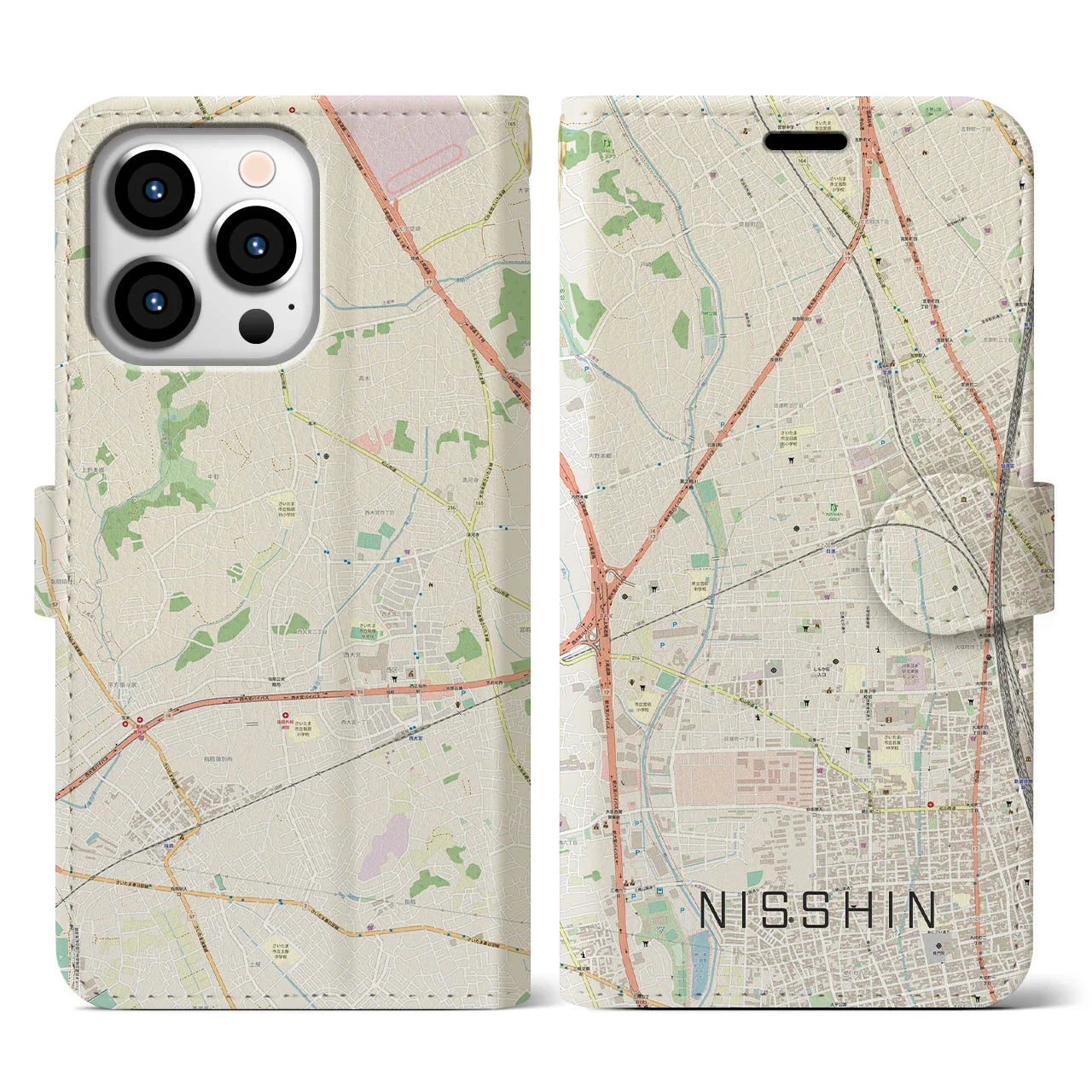 【日進(埼玉県)】地図柄iPhoneケース(手帳タイプ)ナチュラル・iPhone 13 Pro 用