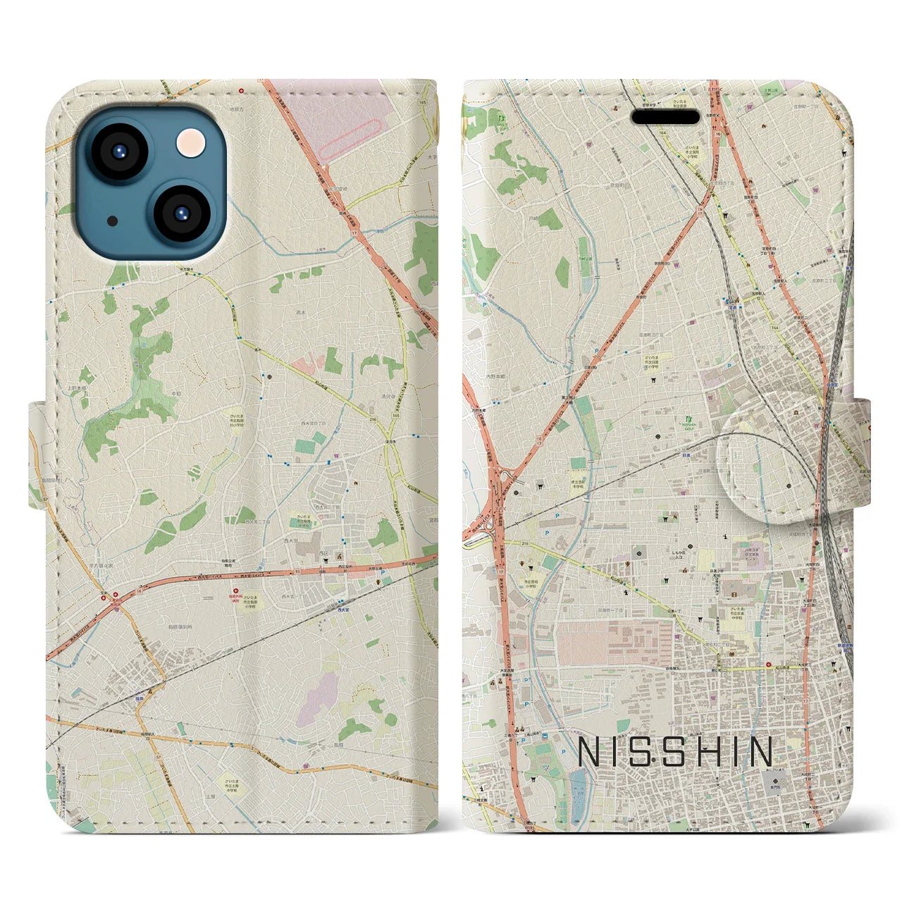 【日進(埼玉県)】地図柄iPhoneケース(手帳タイプ)ナチュラル・iPhone 13 用