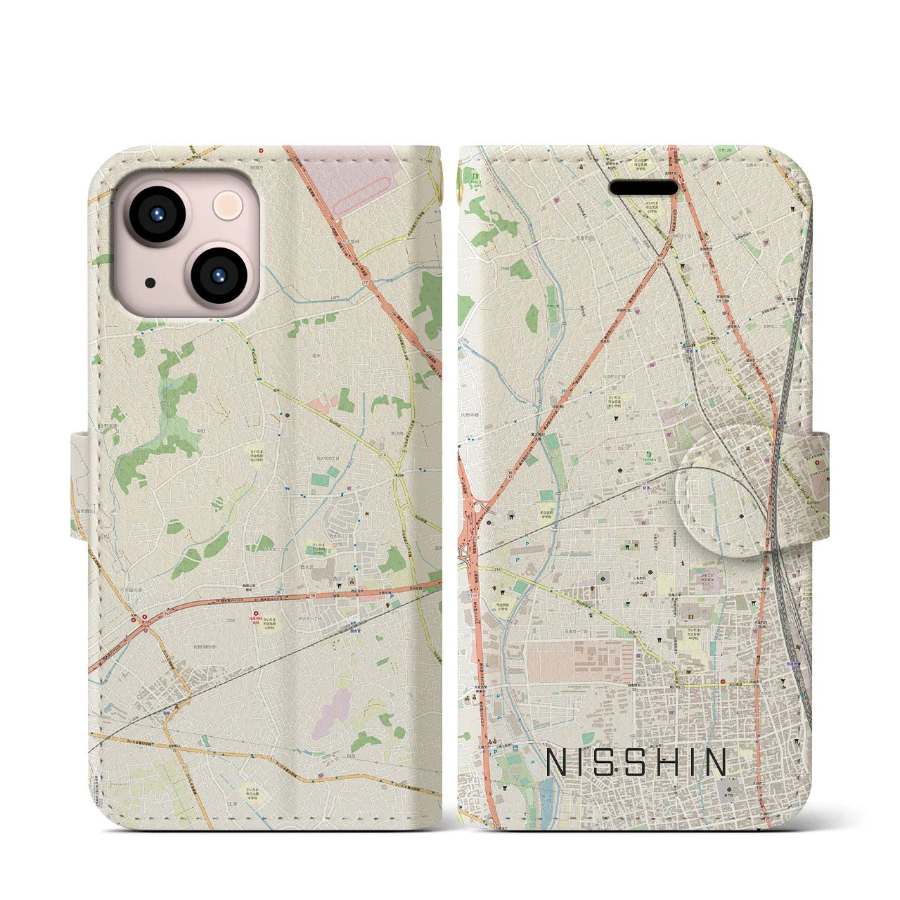 【日進(埼玉県)】地図柄iPhoneケース(手帳タイプ)ナチュラル・iPhone 13 mini 用