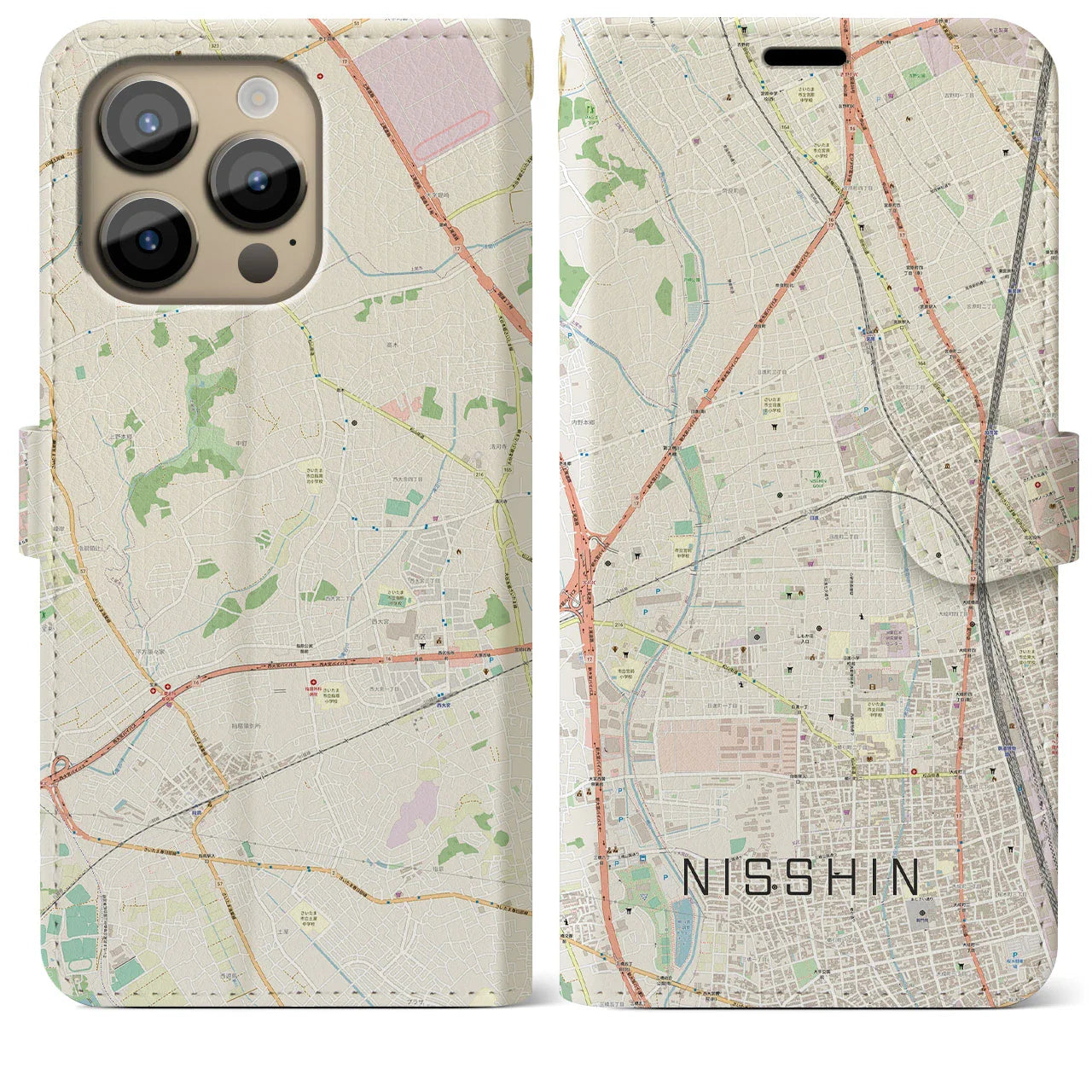 【日進(埼玉県)】地図柄iPhoneケース(手帳タイプ)ナチュラル・iPhone 14 Pro Max 用