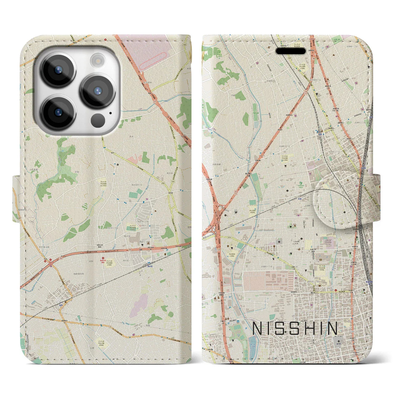 【日進(埼玉県)】地図柄iPhoneケース(手帳タイプ)ナチュラル・iPhone 14 Pro 用