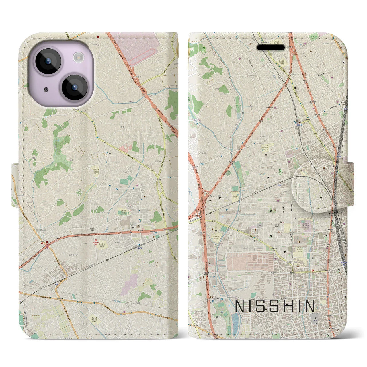 【日進(埼玉県)】地図柄iPhoneケース(手帳タイプ)ナチュラル・iPhone 14 用