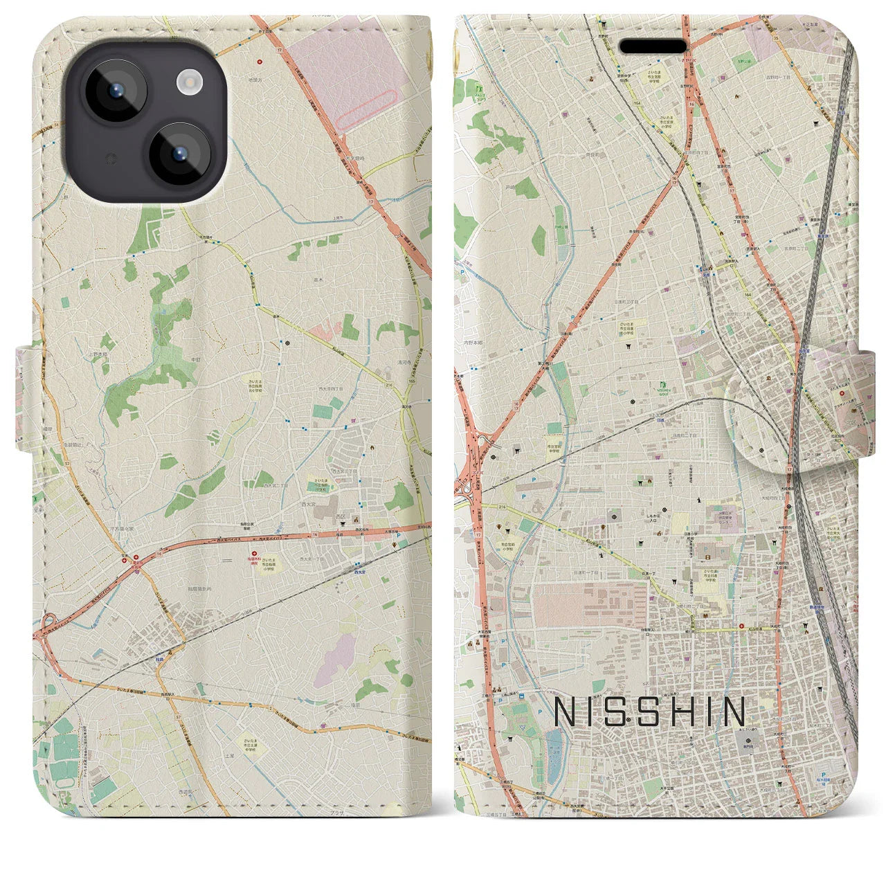 【日進(埼玉県)】地図柄iPhoneケース(手帳タイプ)ナチュラル・iPhone 14 Plus 用