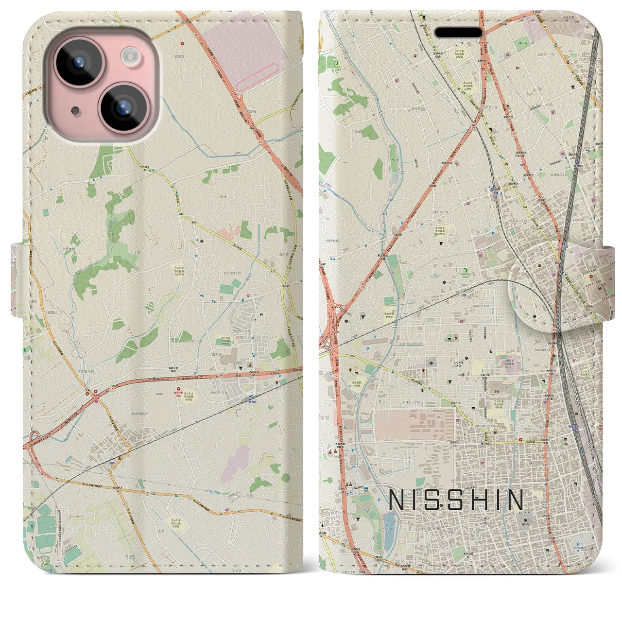 【日進(埼玉県)】地図柄iPhoneケース(手帳タイプ)ナチュラル・iPhone 15 Plus 用