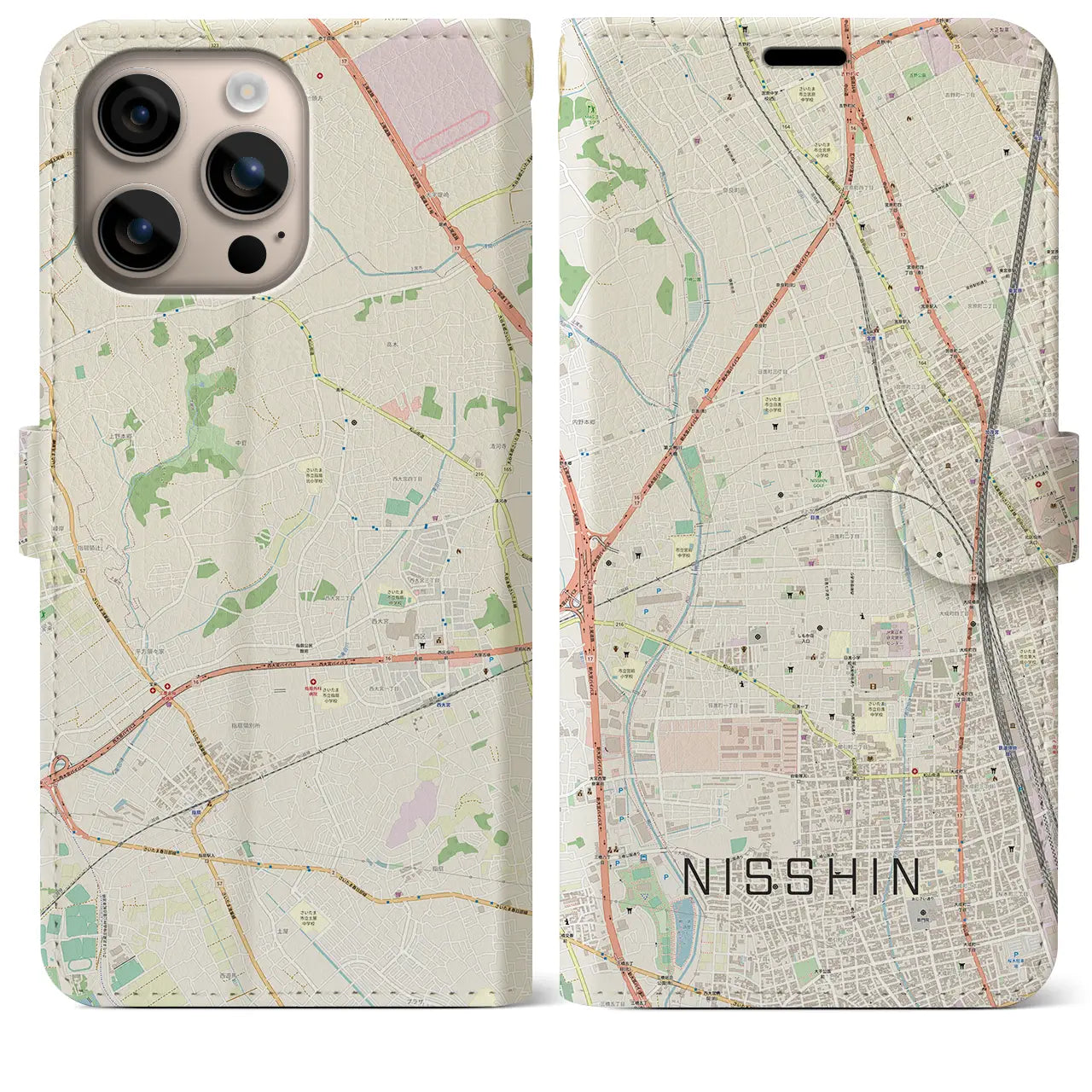 【日進(埼玉県)】地図柄iPhoneケース(手帳タイプ)ナチュラル・iPhone 16 Plus 用
