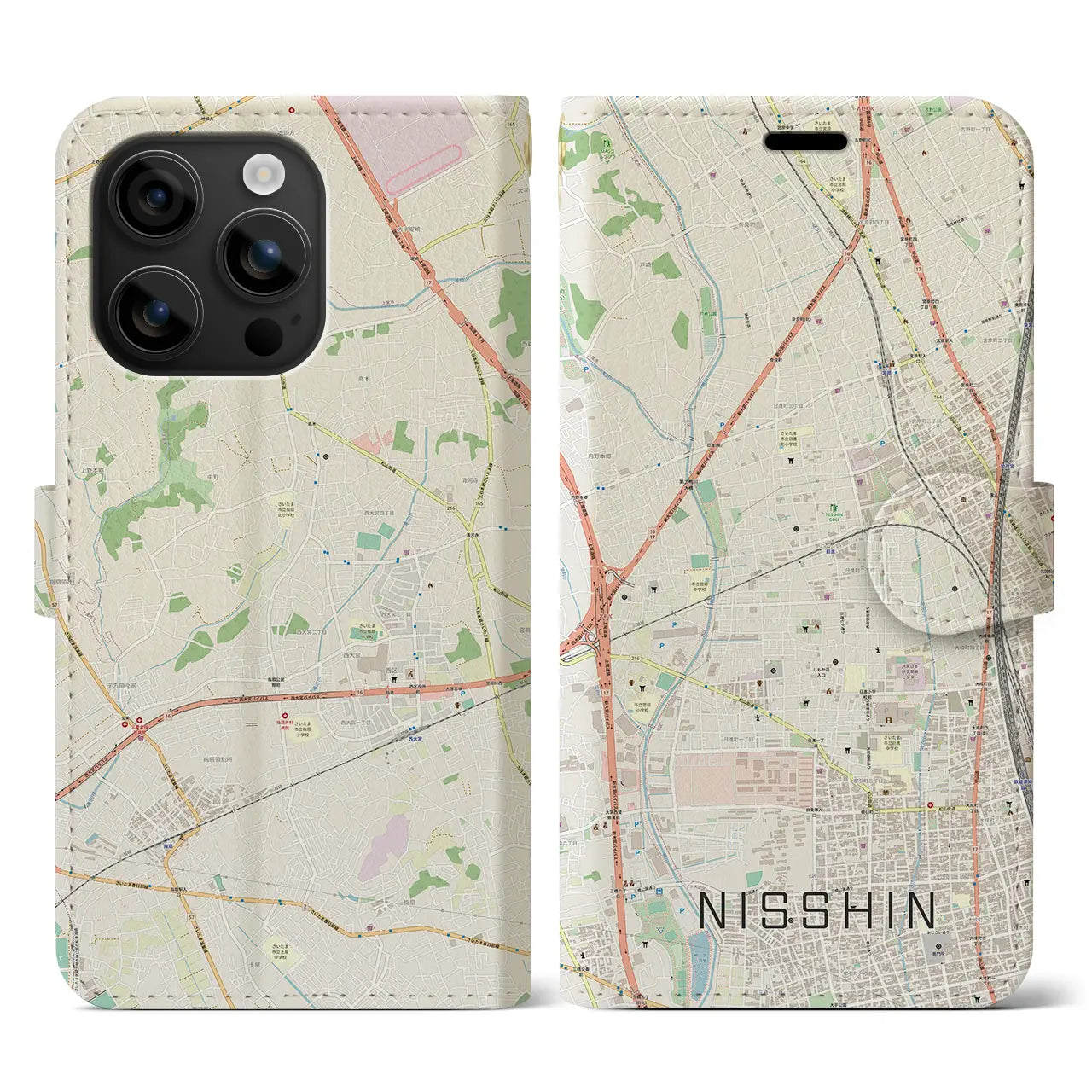 【日進(埼玉県)】地図柄iPhoneケース(手帳タイプ)ナチュラル・iPhone 16 用