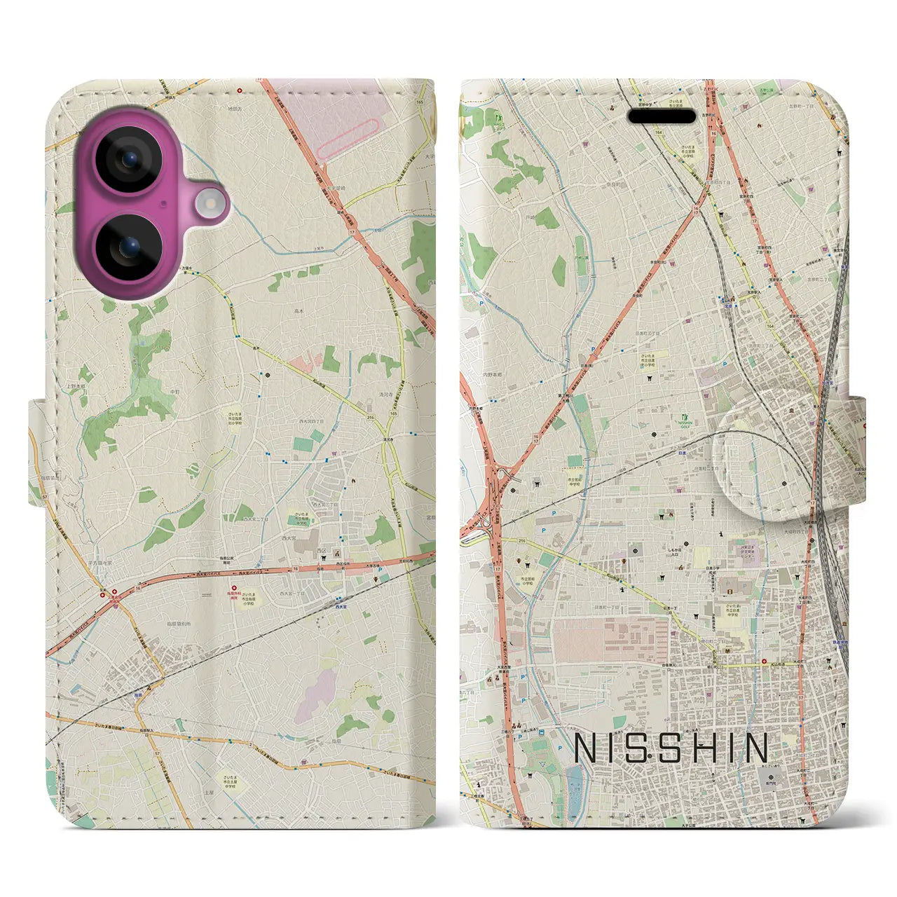 【日進(埼玉県)】地図柄iPhoneケース(手帳タイプ)ナチュラル・iPhone 16 Pro 用