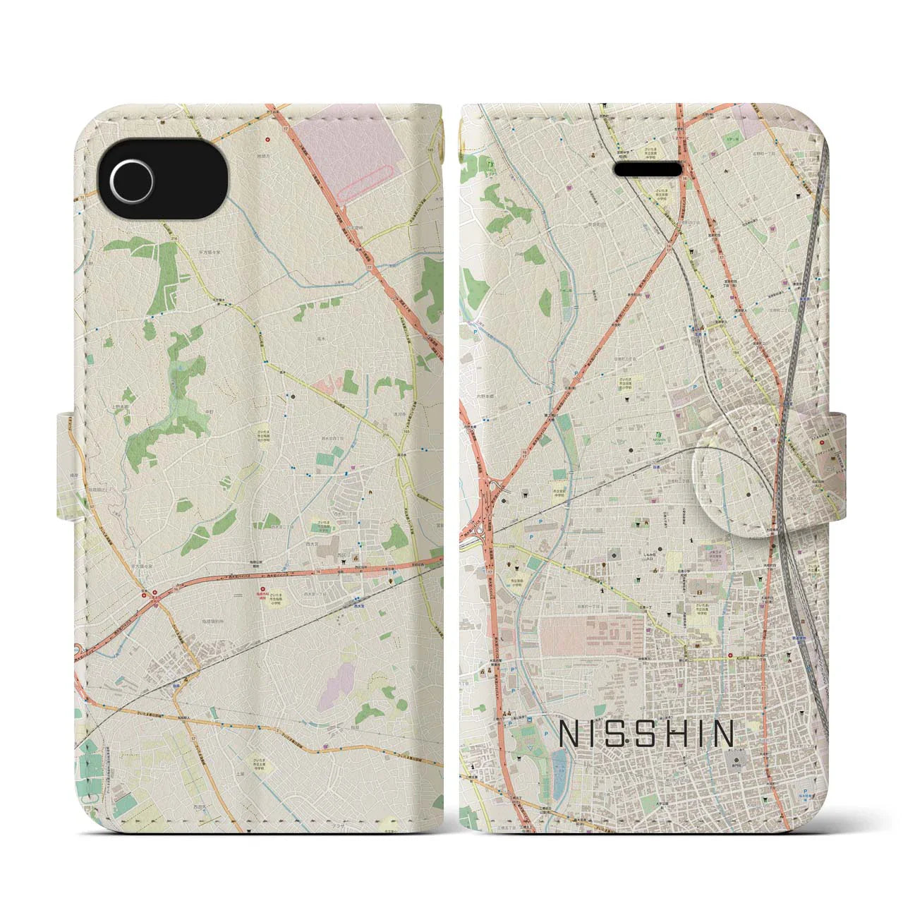 【日進(埼玉県)】地図柄iPhoneケース(手帳タイプ)ナチュラル・iPhone SE(第3 / 第2世代) / 8 / 7 / 6s / 6 用