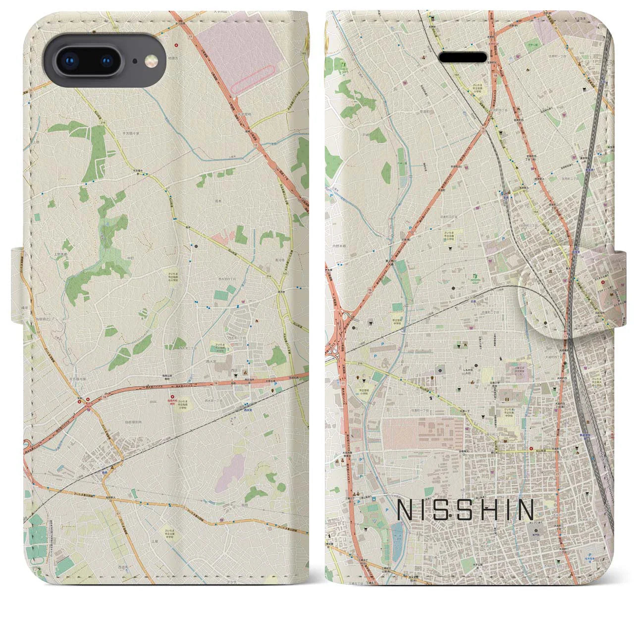 【日進(埼玉県)】地図柄iPhoneケース(手帳タイプ)ナチュラル・iPhone 8Plus /7Plus / 6sPlus / 6Plus 用