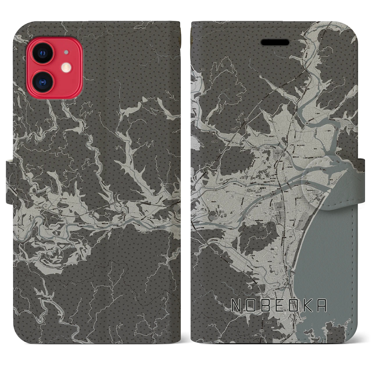 【延岡(宮崎県)】地図柄iPhoneケース(手帳タイプ)モノトーン・iPhone 11 用