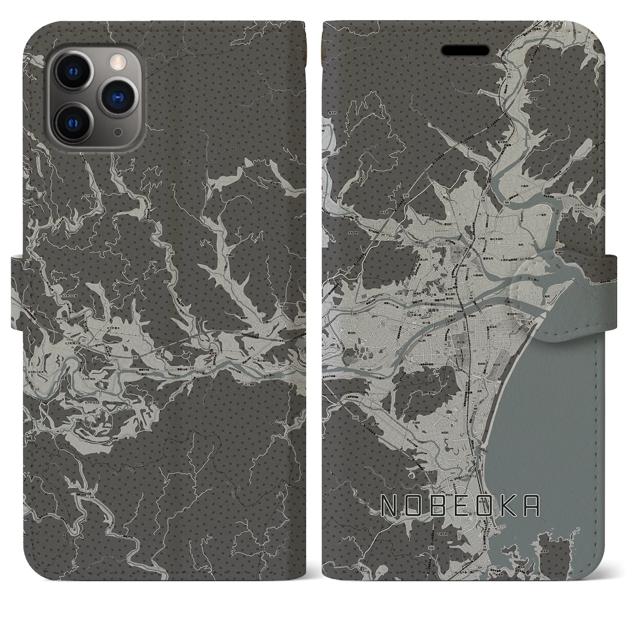 【延岡(宮崎県)】地図柄iPhoneケース(手帳タイプ)モノトーン・iPhone 11 Pro Max 用