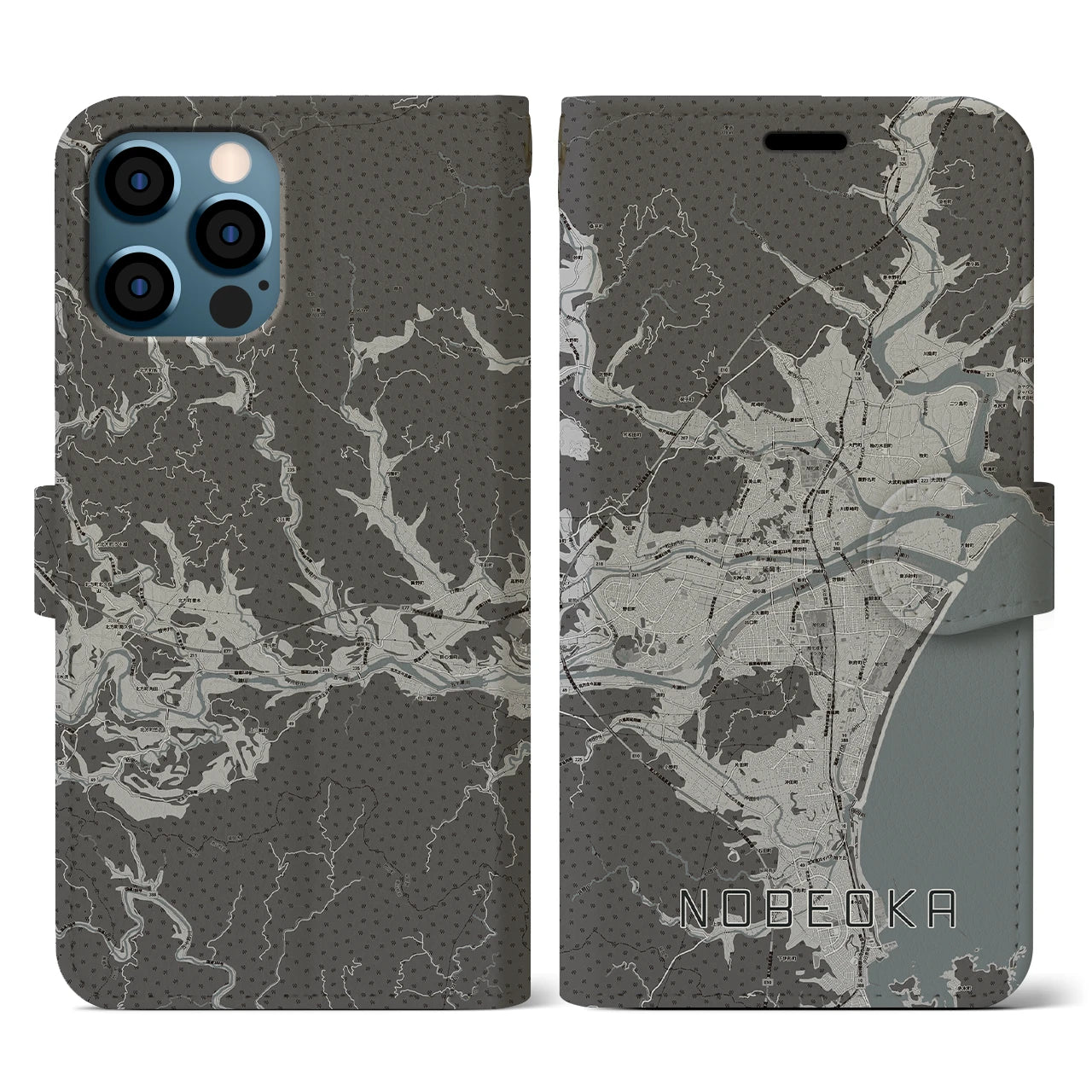 【延岡(宮崎県)】地図柄iPhoneケース(手帳タイプ)モノトーン・iPhone 12 / 12 Pro 用
