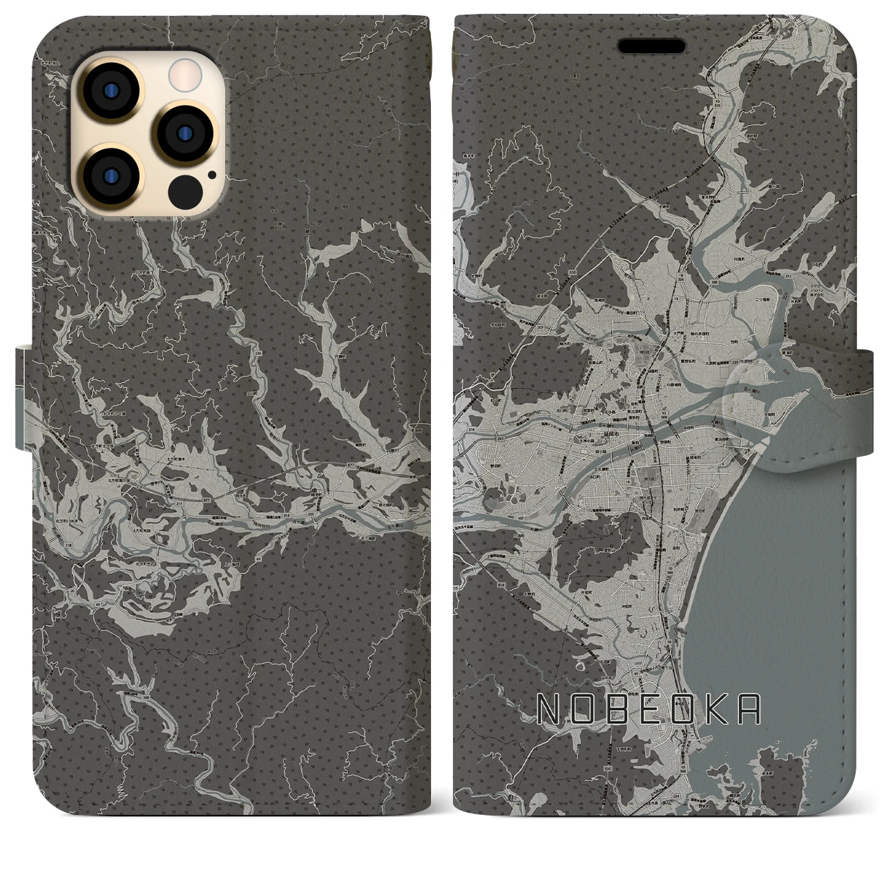 【延岡(宮崎県)】地図柄iPhoneケース(手帳タイプ)モノトーン・iPhone 12 Pro Max 用