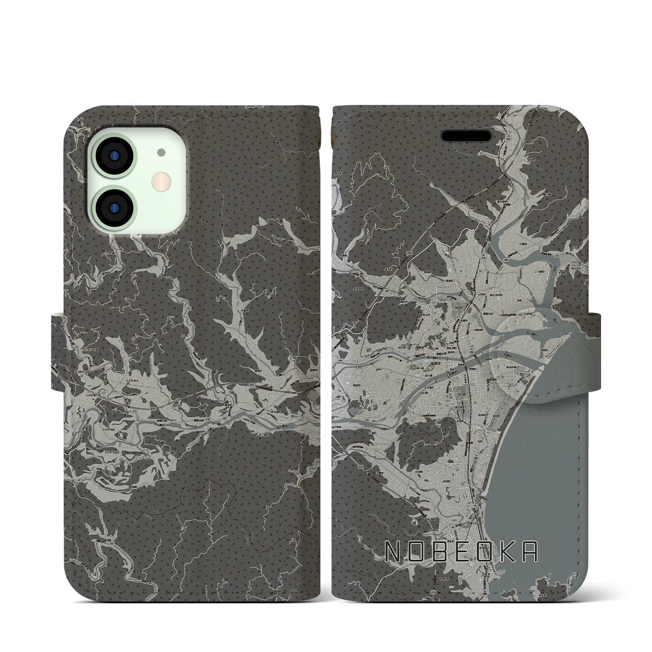 【延岡(宮崎県)】地図柄iPhoneケース(手帳タイプ)モノトーン・iPhone 12 mini 用