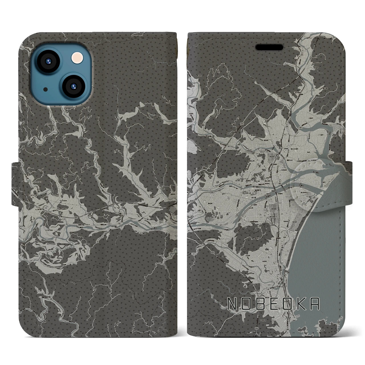 【延岡(宮崎県)】地図柄iPhoneケース(手帳タイプ)モノトーン・iPhone 13 用