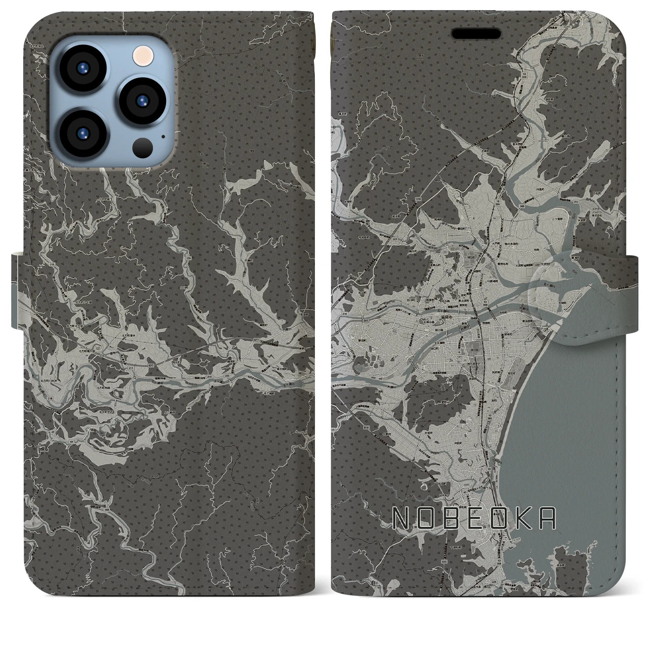 【延岡(宮崎県)】地図柄iPhoneケース(手帳タイプ)モノトーン・iPhone 13 Pro Max 用