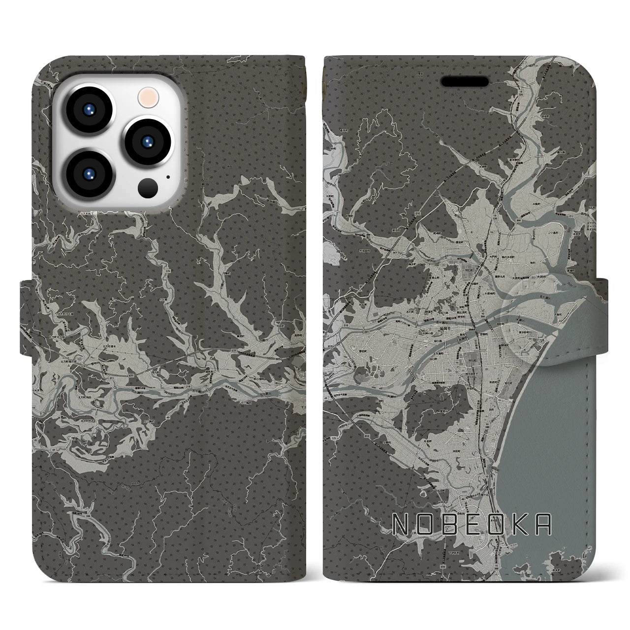 【延岡(宮崎県)】地図柄iPhoneケース(手帳タイプ)モノトーン・iPhone 13 Pro 用