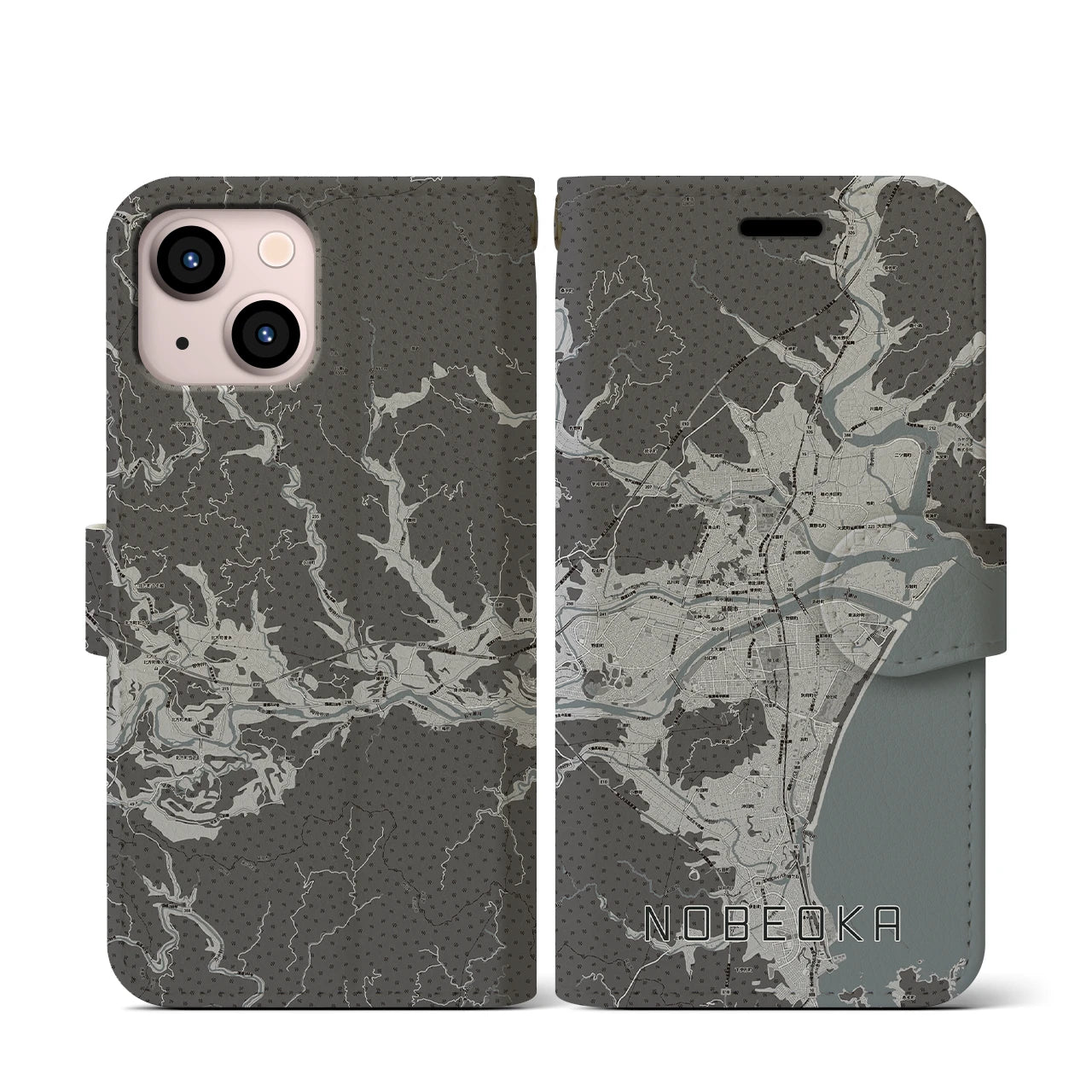 【延岡(宮崎県)】地図柄iPhoneケース(手帳タイプ)モノトーン・iPhone 13 mini 用