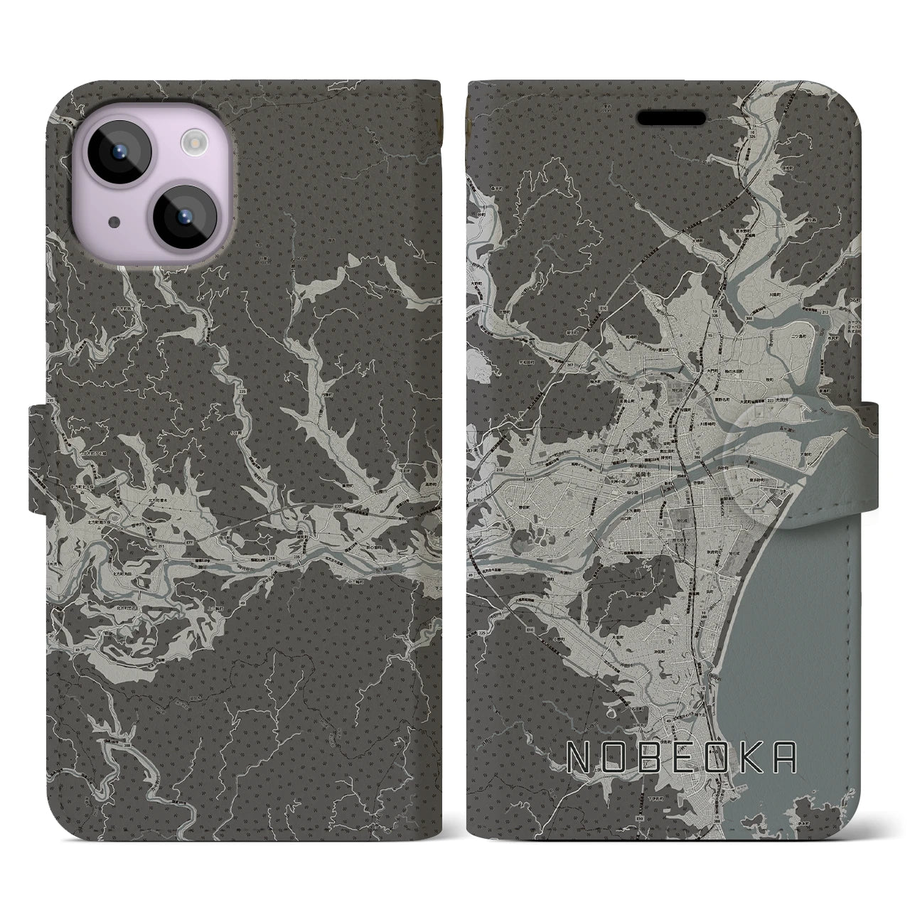 【延岡(宮崎県)】地図柄iPhoneケース(手帳タイプ)モノトーン・iPhone 14 用