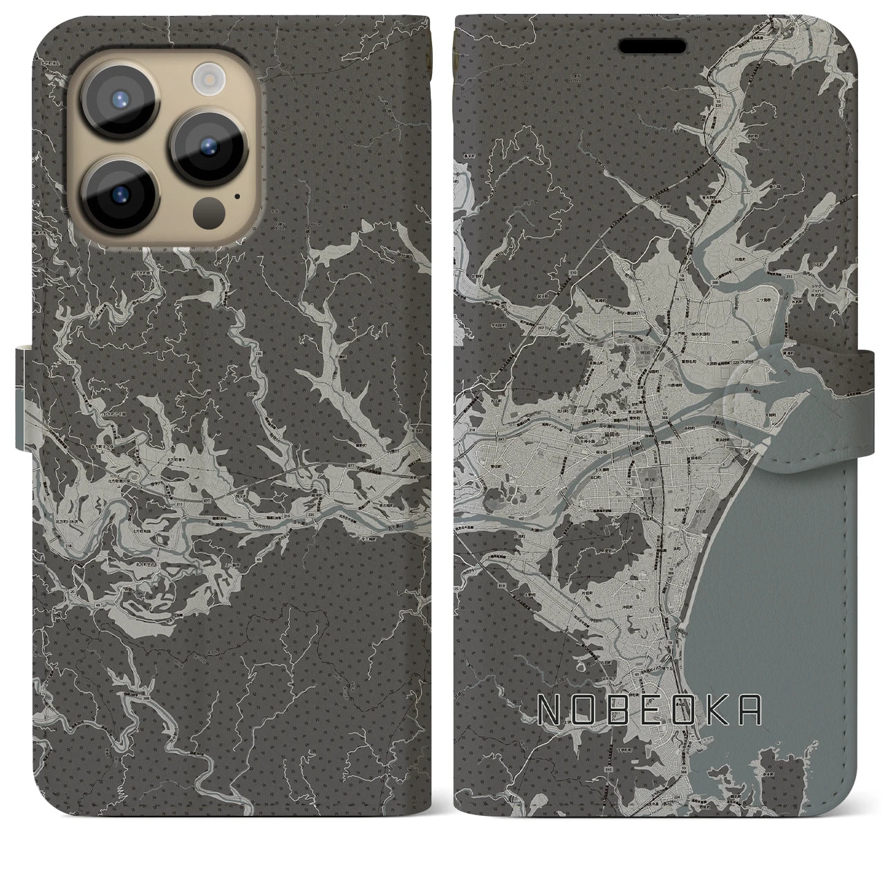 【延岡(宮崎県)】地図柄iPhoneケース(手帳タイプ)モノトーン・iPhone 14 Pro Max 用